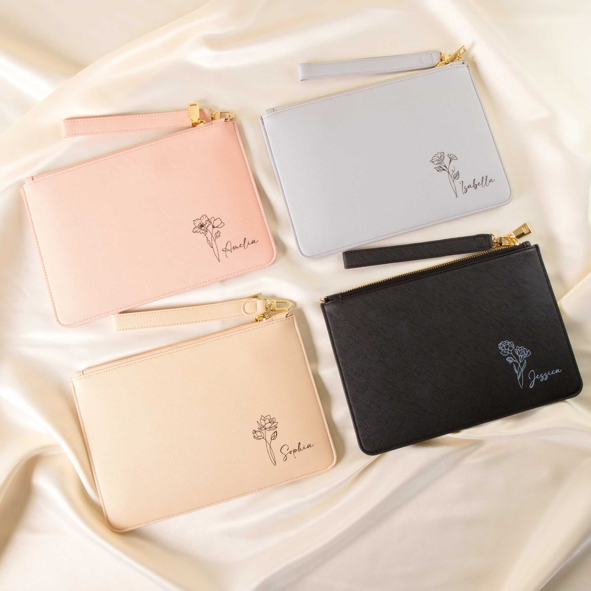 Personalised Clutch Bag with Engraved Birth Flower, Custom Bridesmaid