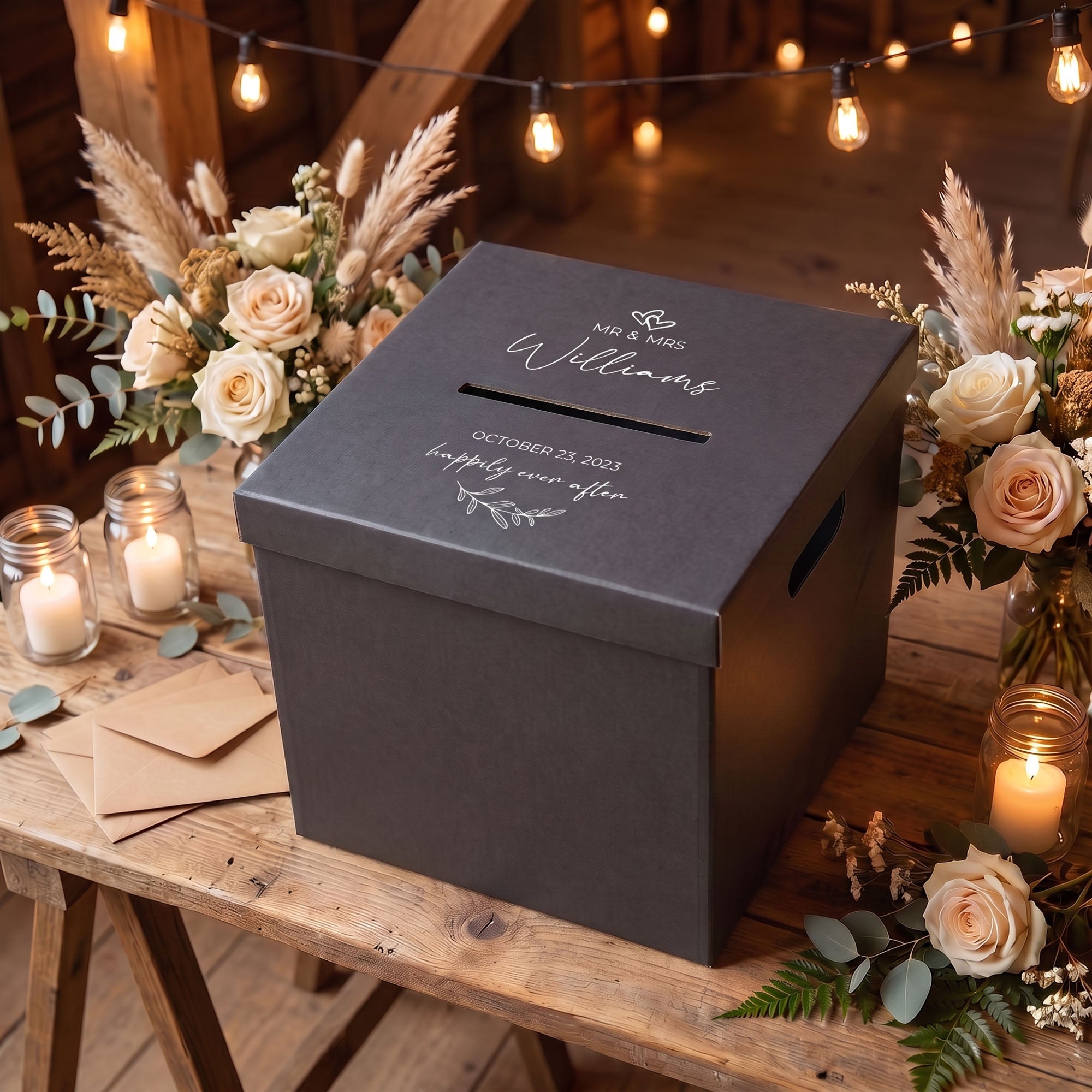 Personalised Wedding Card Box, White and Black Hardcover with Slot, Envelope Holder with Custom Name Date Monogram