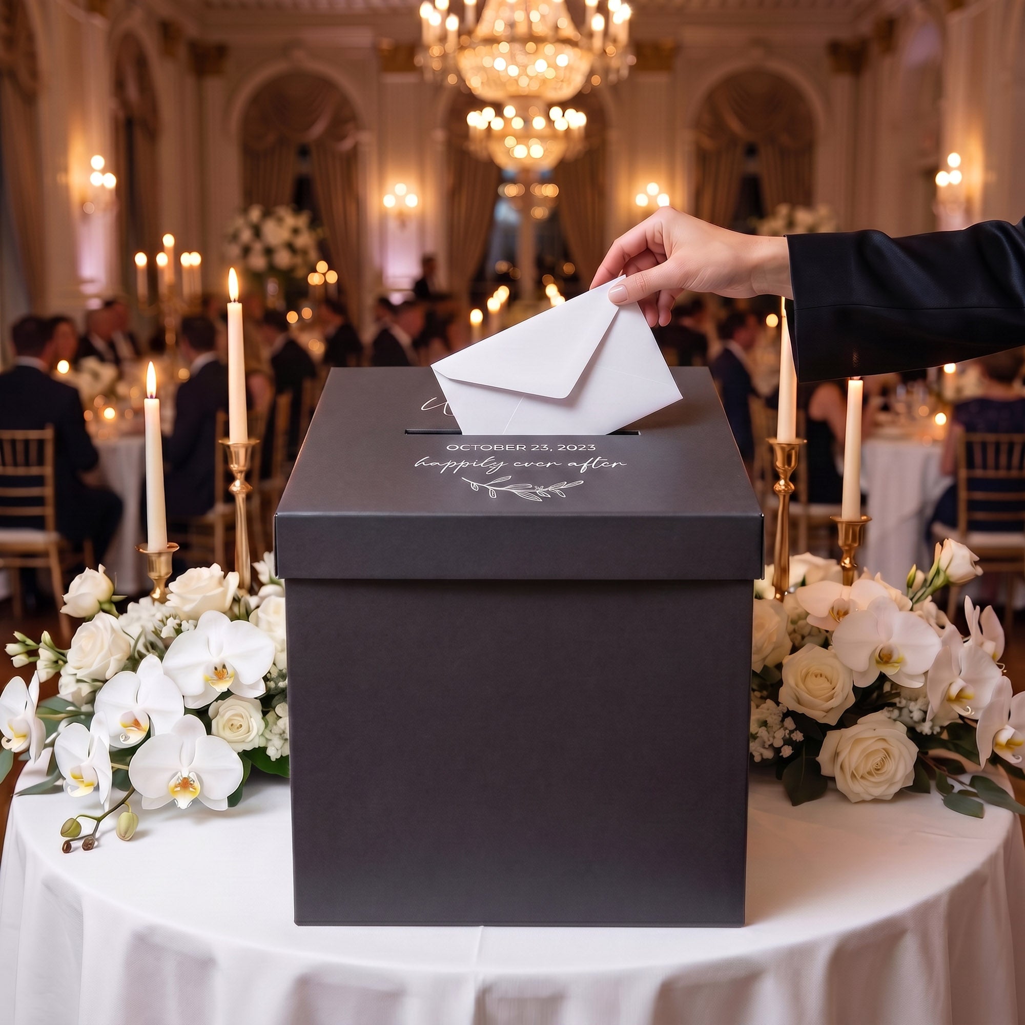Personalised Wedding Card Box, White and Black Hardcover with Slot, Envelope Holder with Custom Name Date Monogram