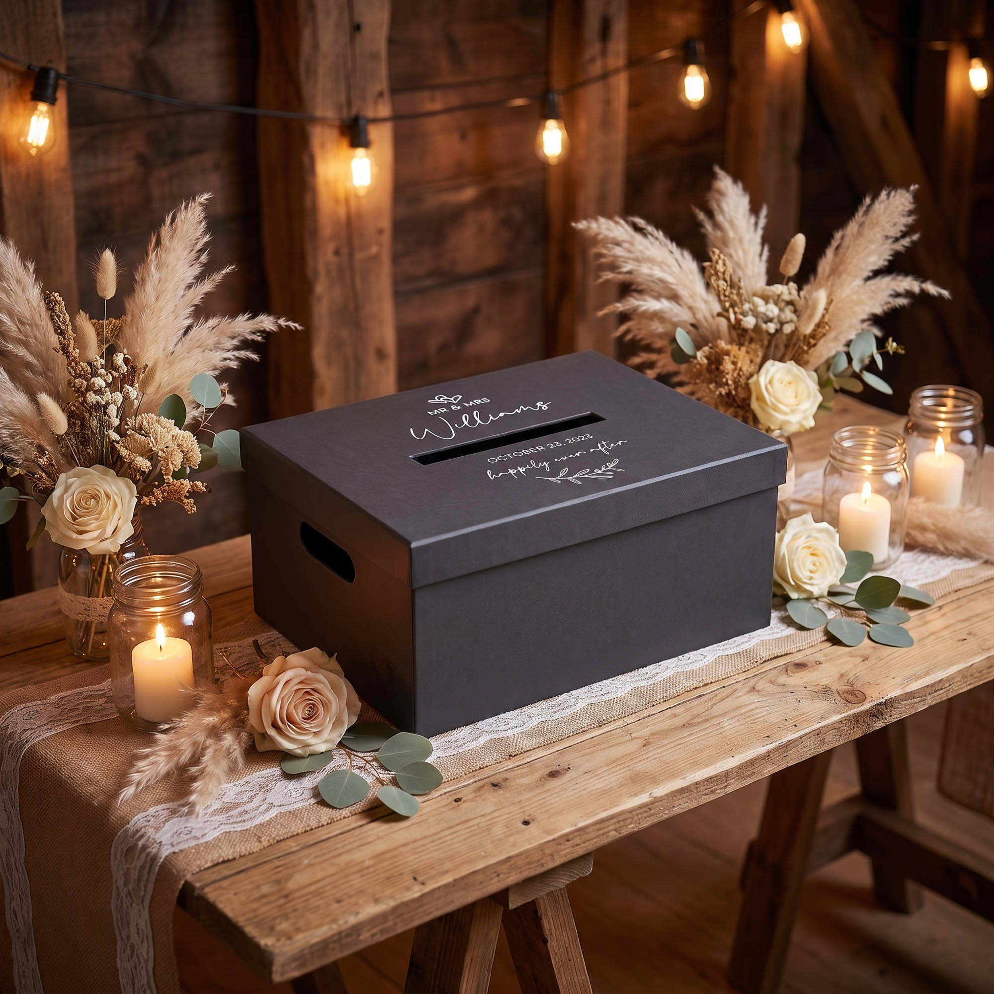 Personalised Wedding Card Box, White and Black Hardcover with Slot, Envelope Holder with Custom Name Date Monogram