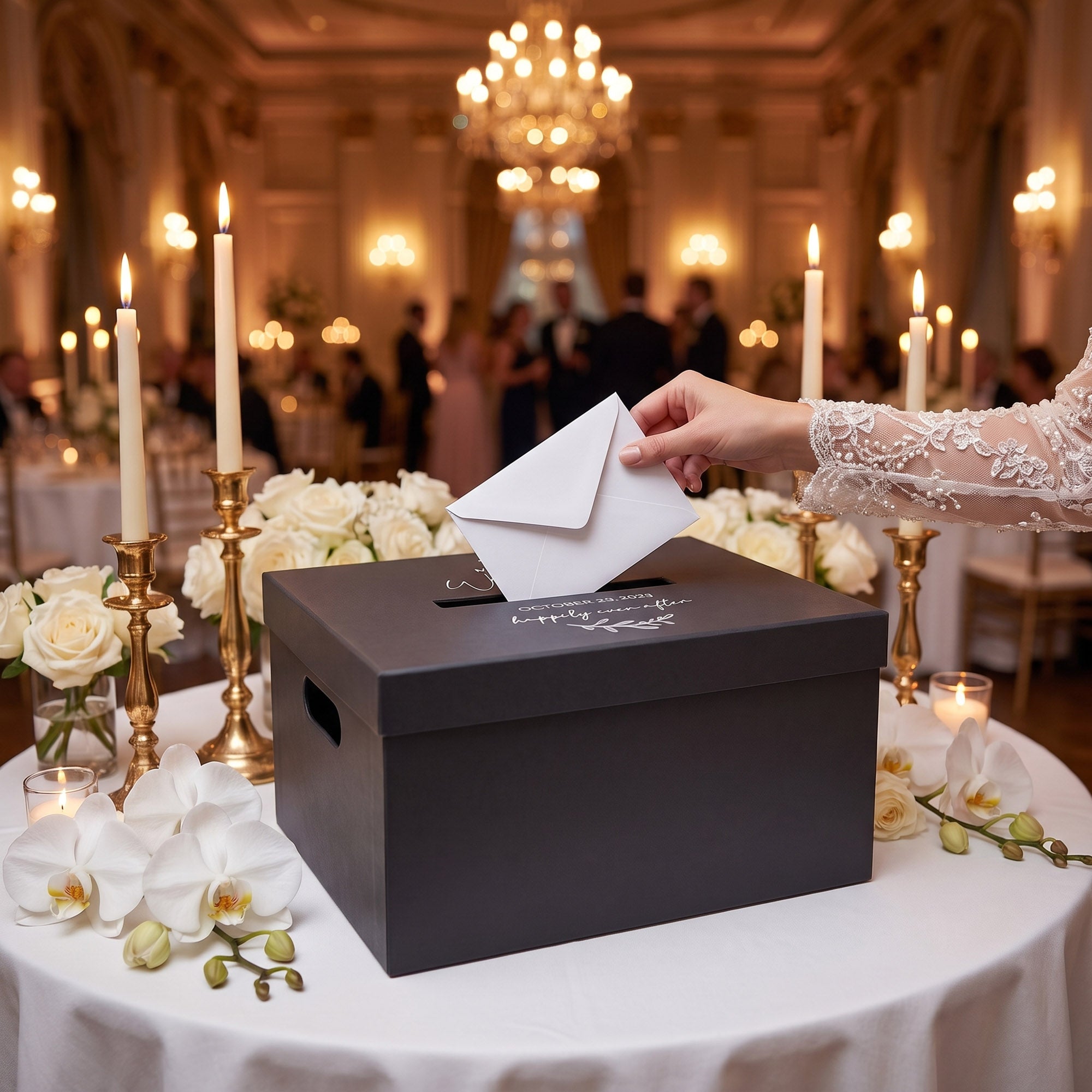 Personalised Wedding Card Box, White and Black Hardcover with Slot, Envelope Holder with Custom Name Date Monogram