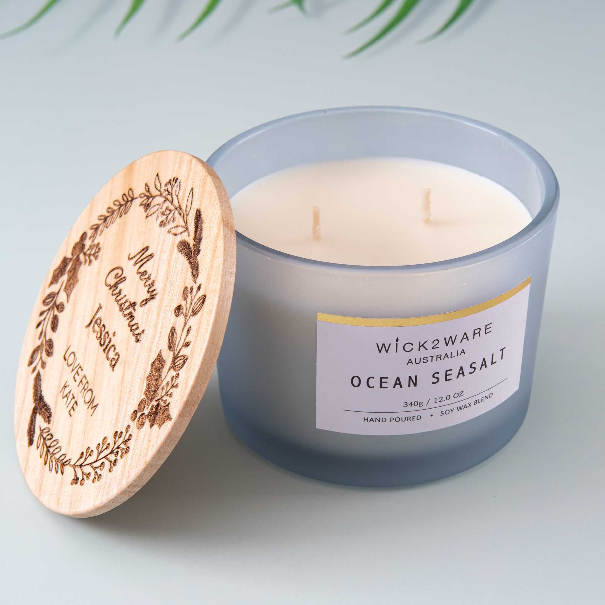 Personalised soy candle with wooden lid Custom Christmas and new year gift