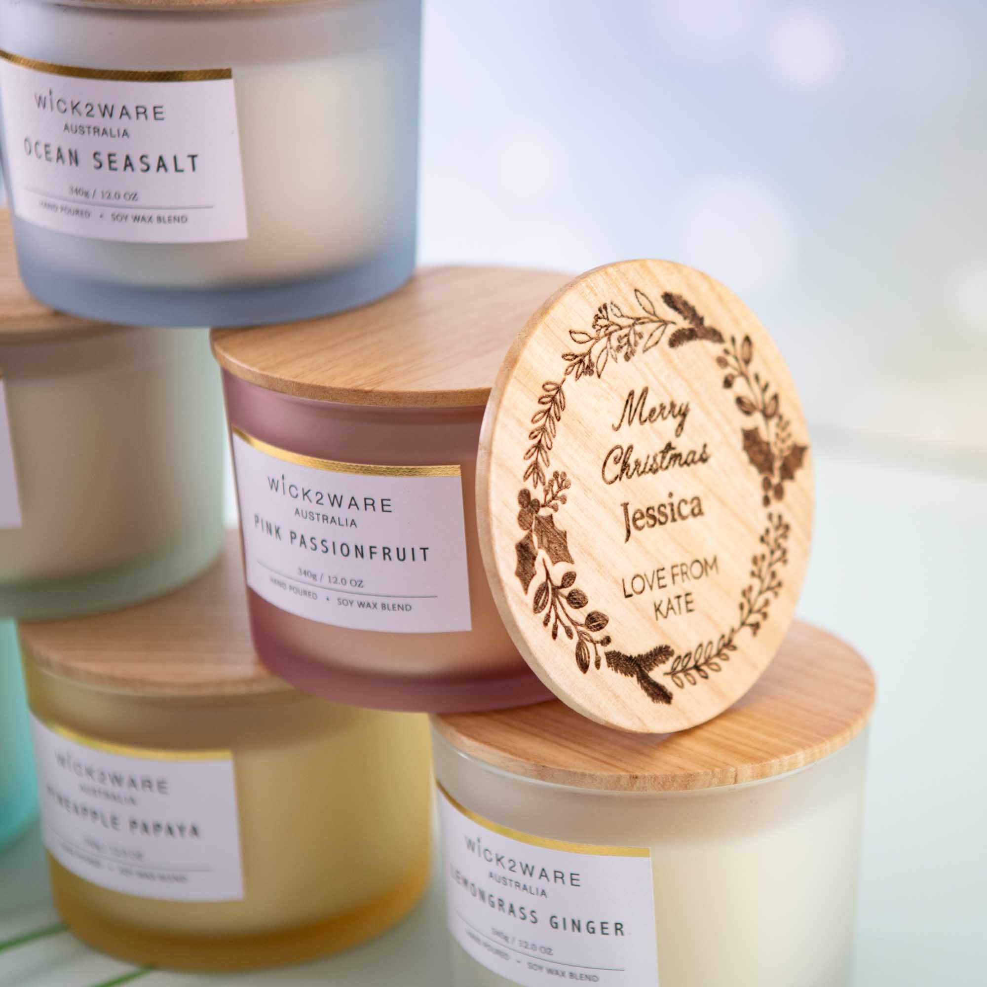 Personalised soy candle with wooden lid Custom Christmas and new year gift