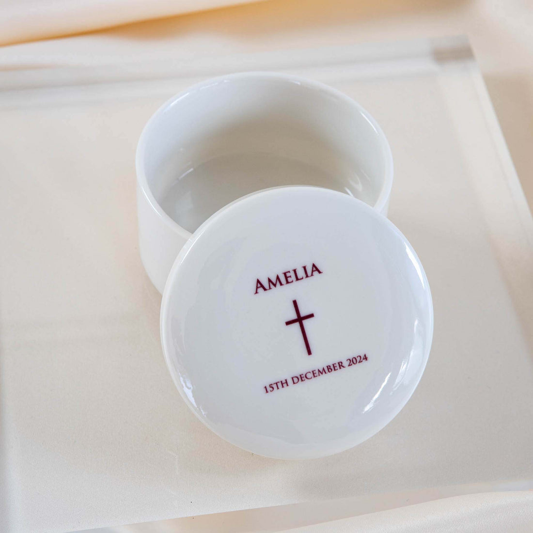 Personalised Round Keepsake box - Christening Gift, Baptism Gift - THIN CROSS