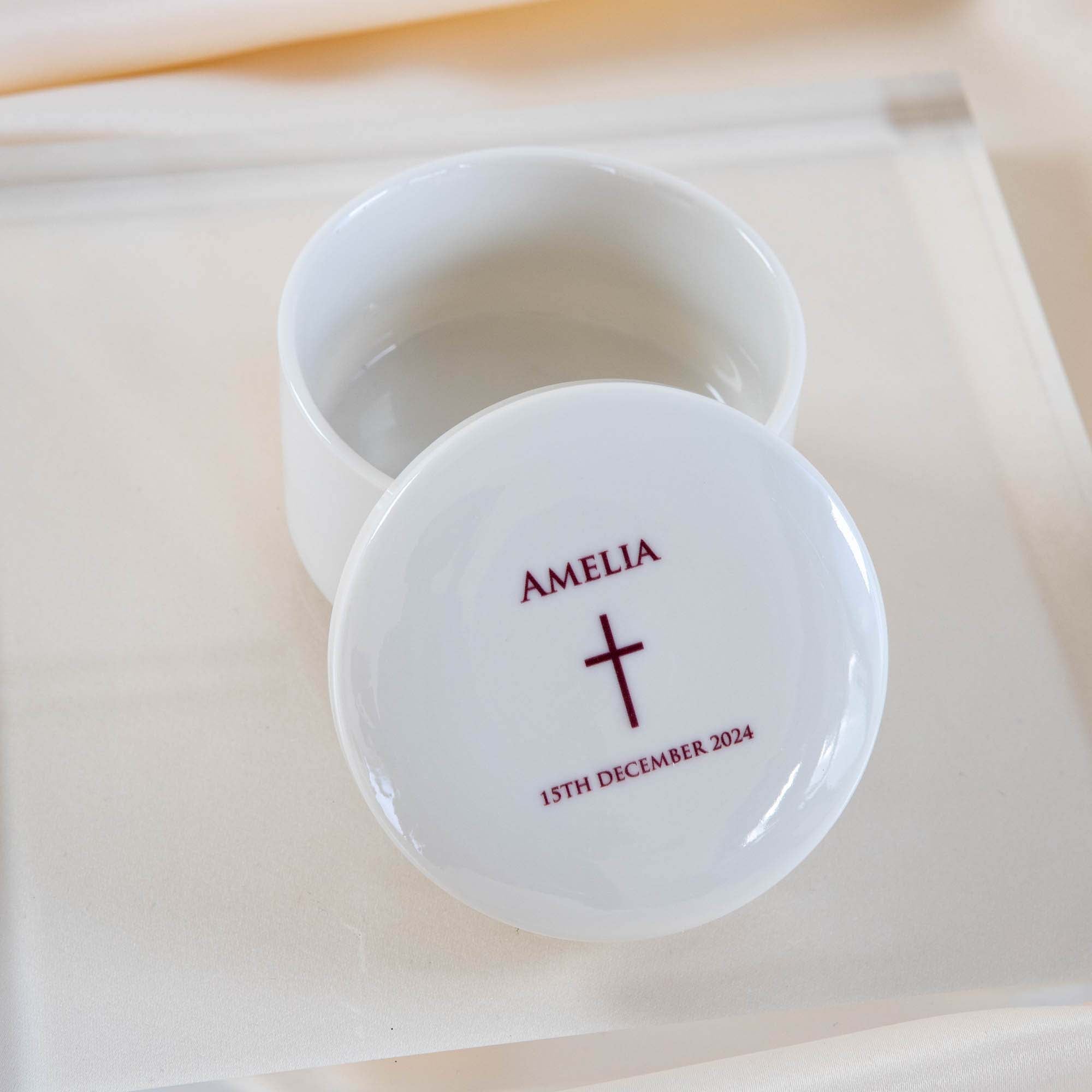 Personalised Round Keepsake box - Christening Gift, Baptism Gift - THIN CROSS
