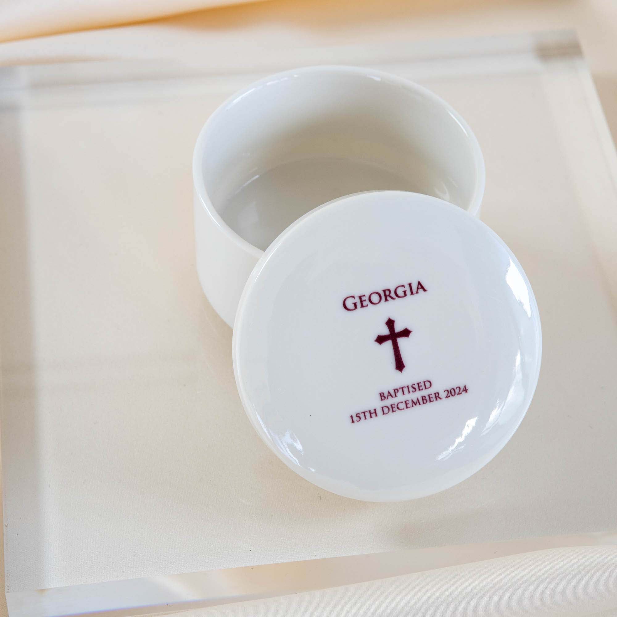 Personalised Round Keepsake box - Christening Gift, Baptism Gift - Cross