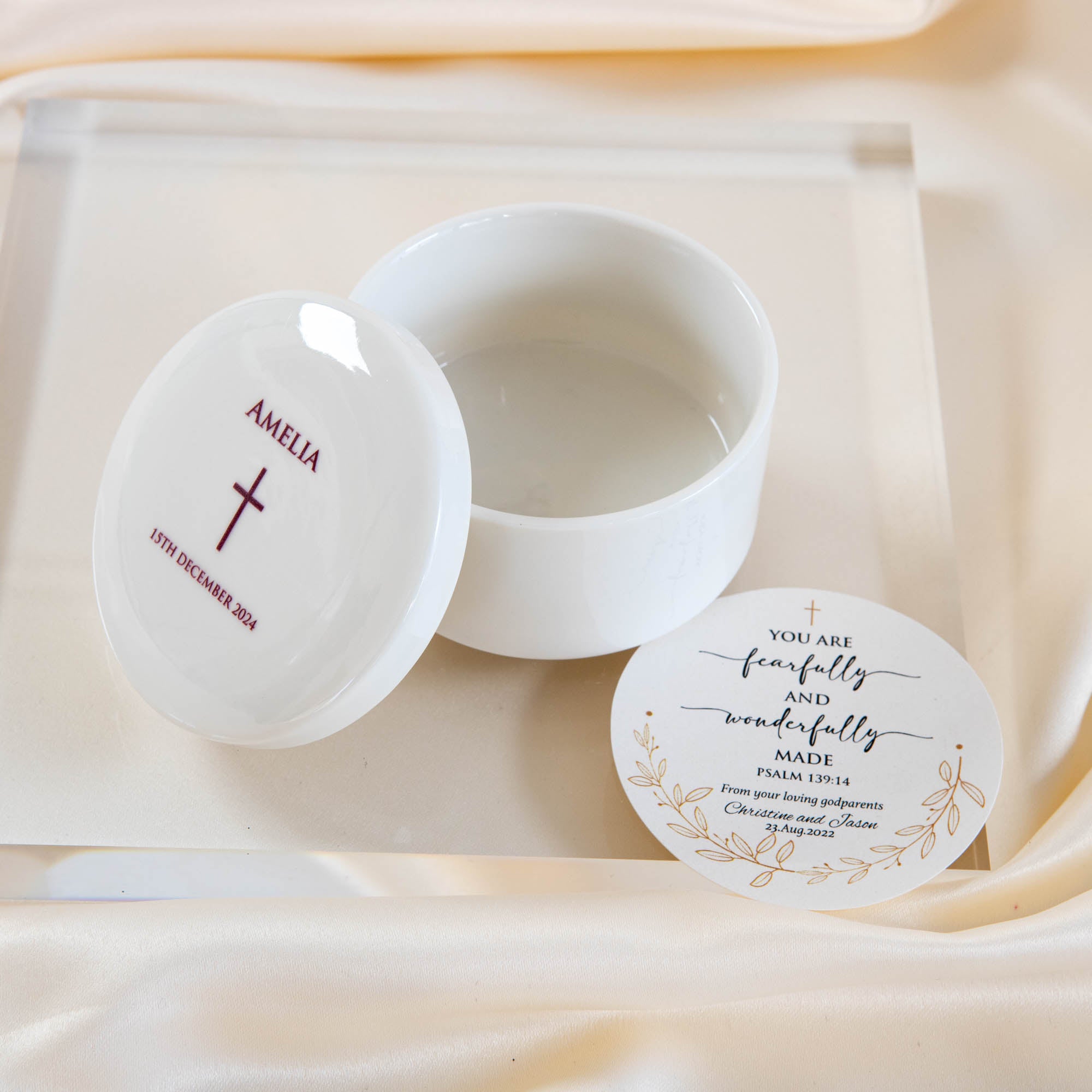 Personalised Round Keepsake box - Christening Gift, Baptism Gift - THIN CROSS