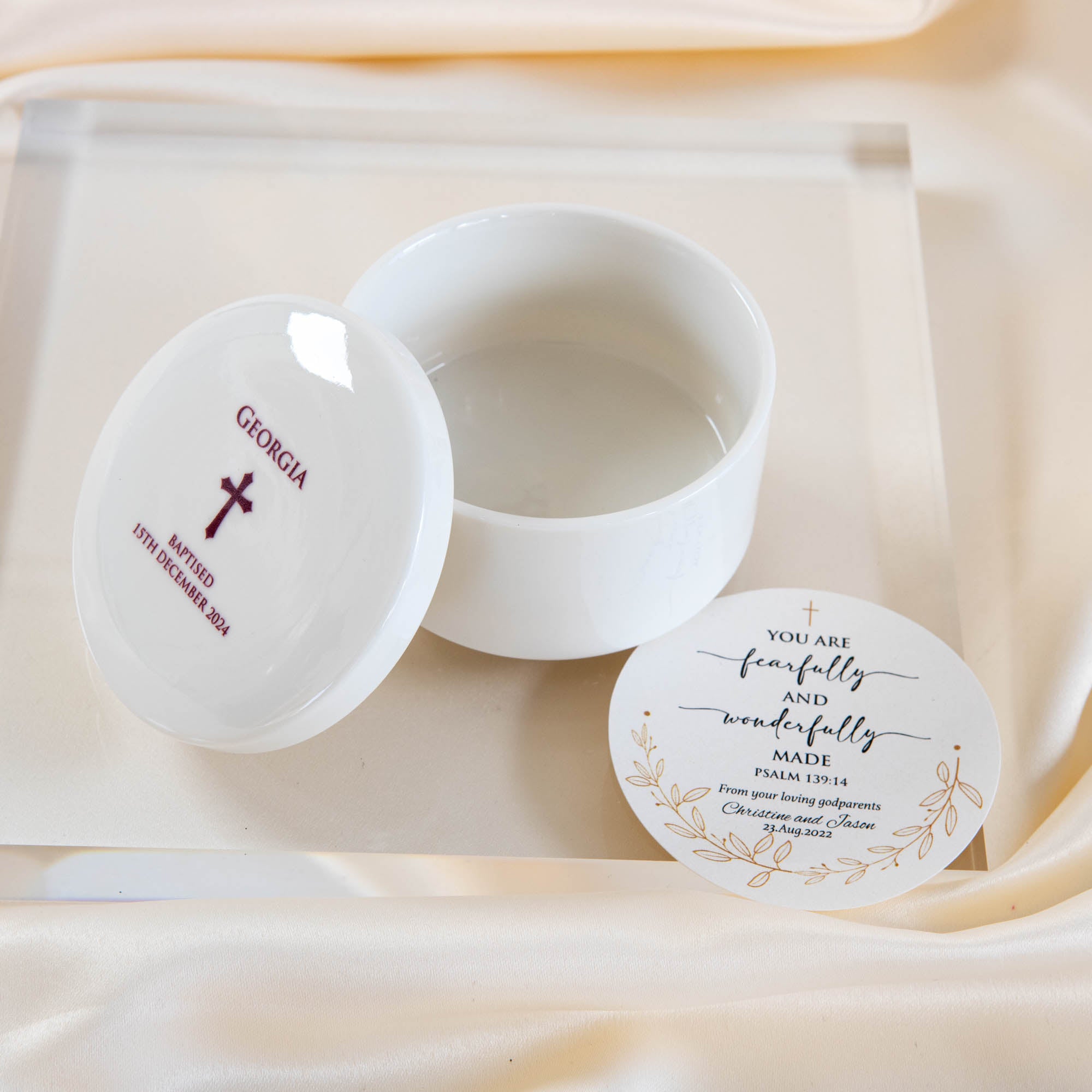 Personalised Round Keepsake box - Christening Gift, Baptism Gift - Cross