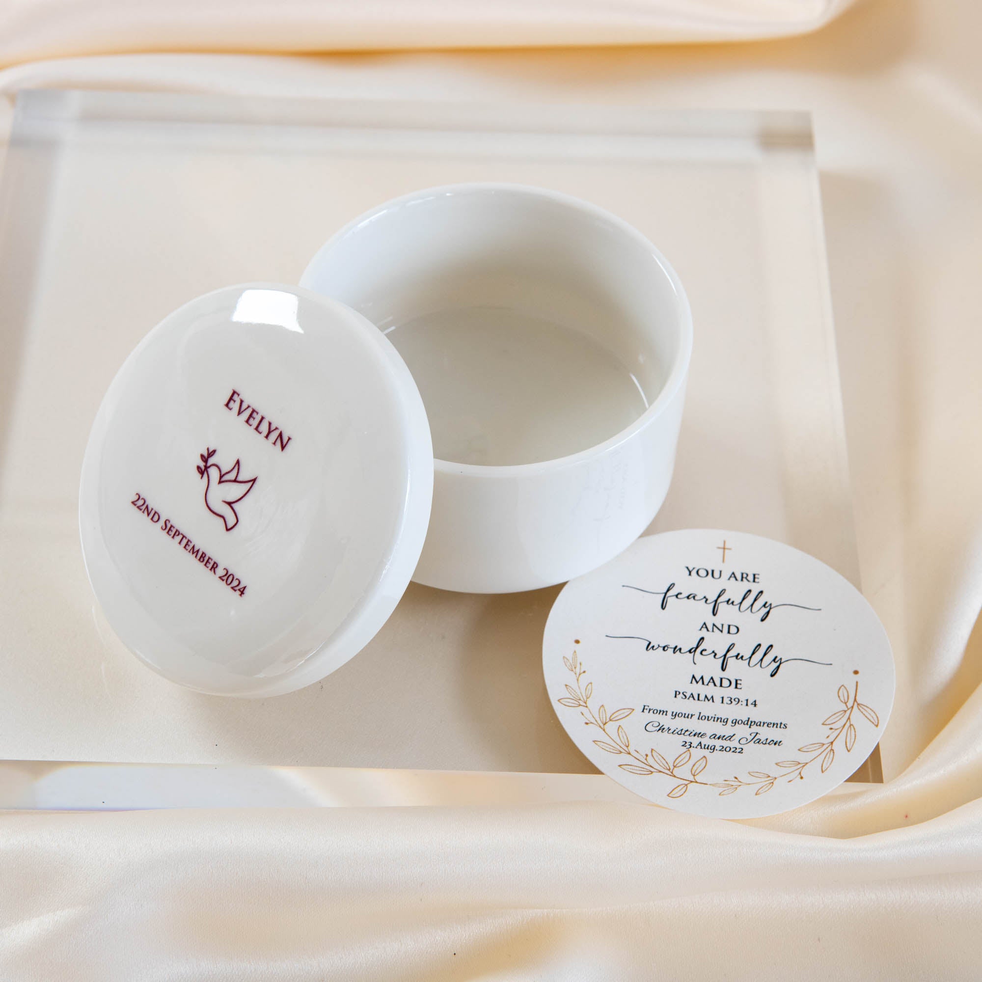 Personalised Round Keepsake box - Christening Gift, Baptism Gift - Dove