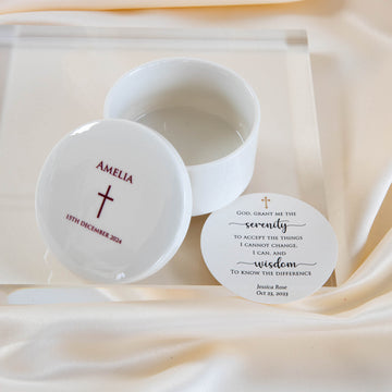 Personalised Round Keepsake box - Christening Gift, Baptism Gift - THIN CROSS