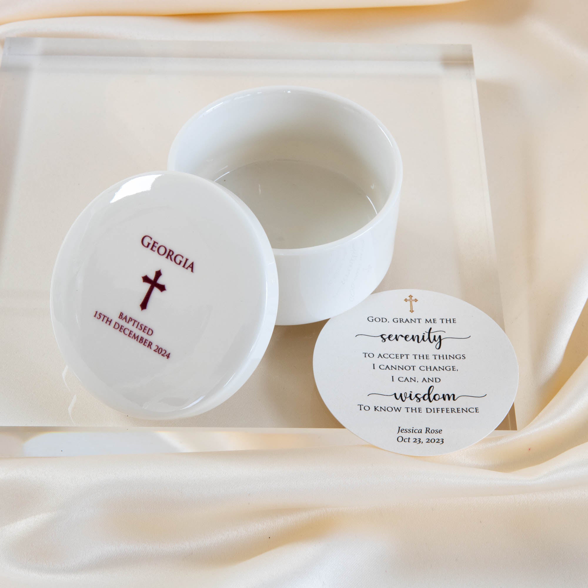 Personalised Round Keepsake box - Christening Gift, Baptism Gift - Cross