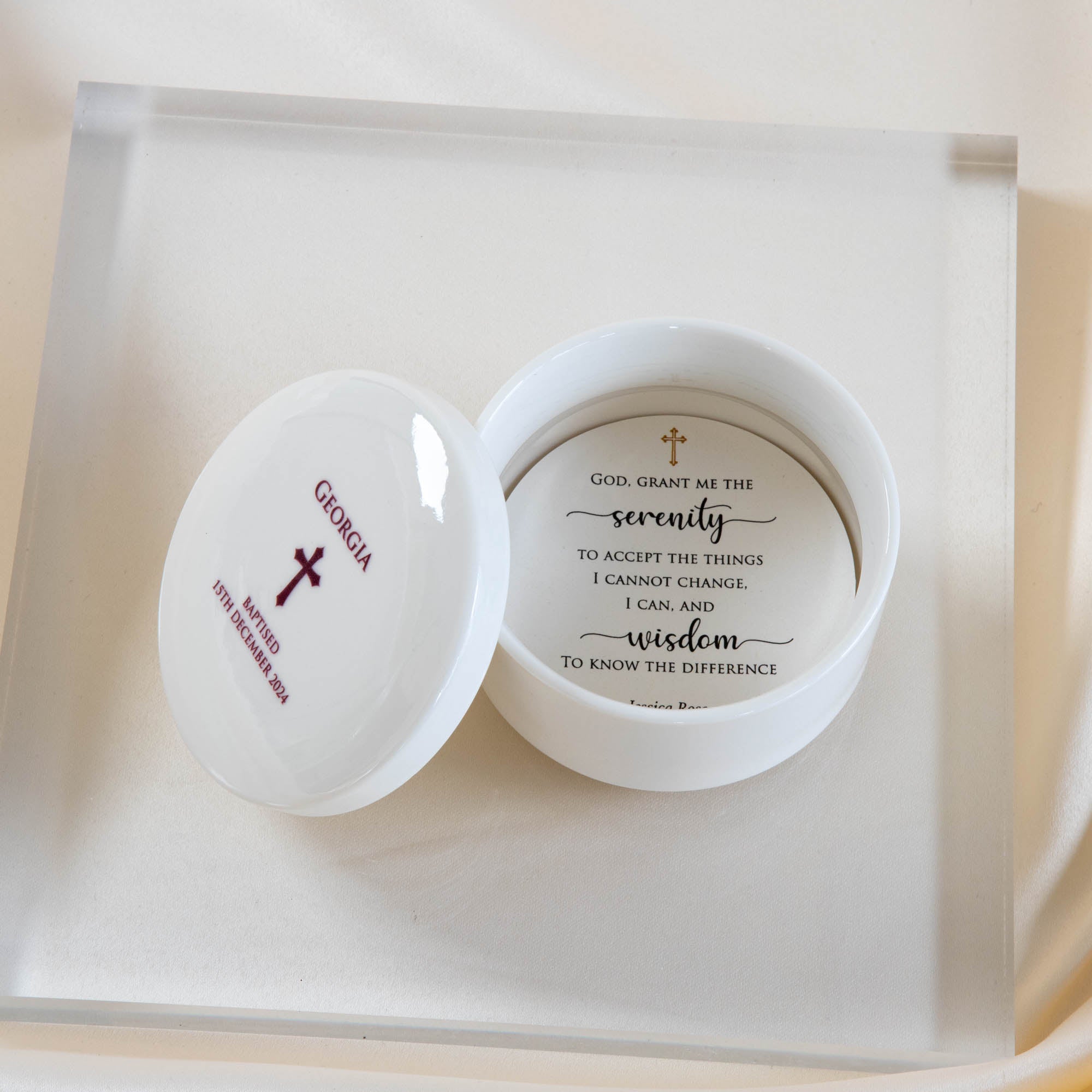 Personalised Round Keepsake box - Christening Gift, Baptism Gift - Cross