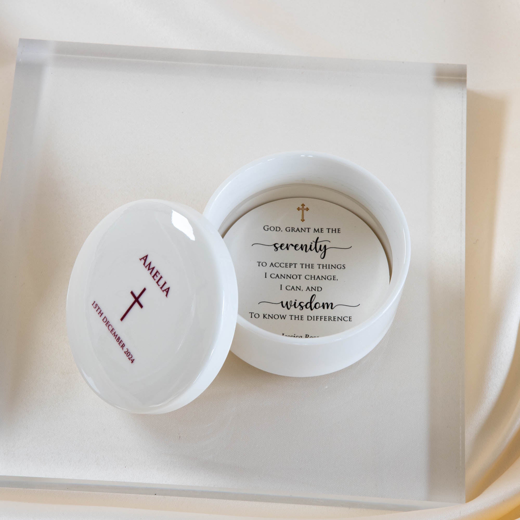 Personalised Round Keepsake box - Christening Gift, Baptism Gift - THIN CROSS