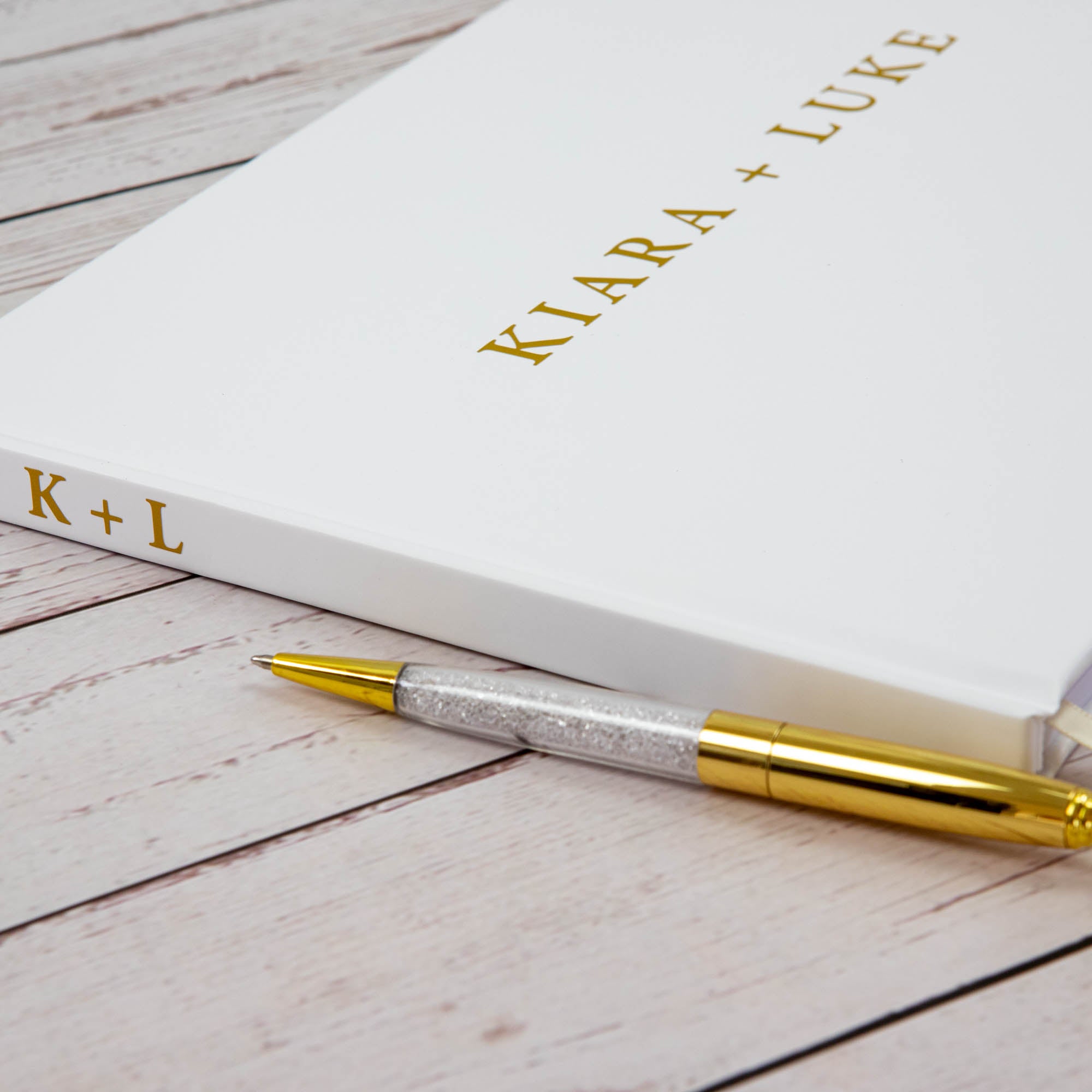 Personalised Wedding Guest Book, Gold Texts in White Hard Cover