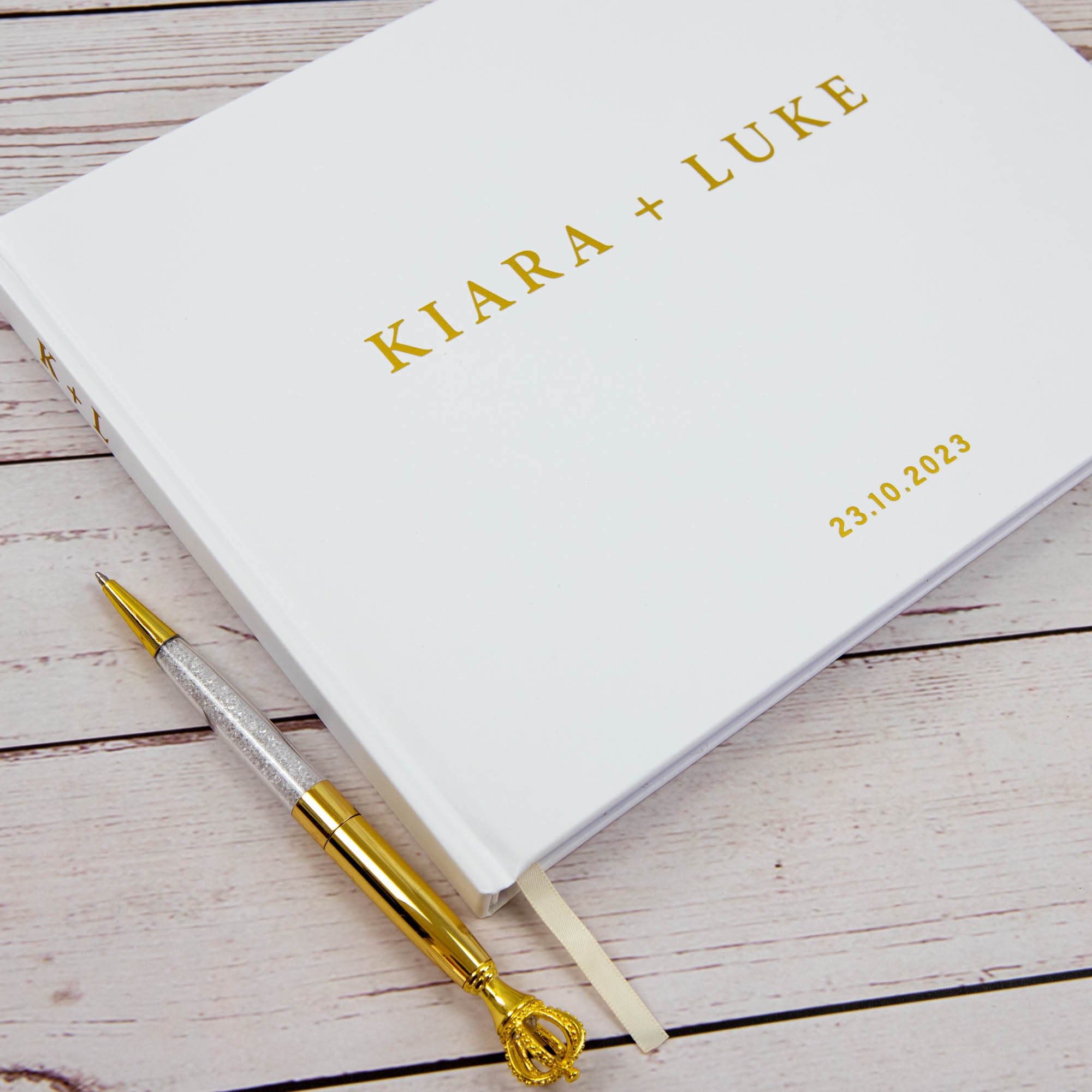 Personalised Wedding Guest Book, Gold Texts in White Hard Cover