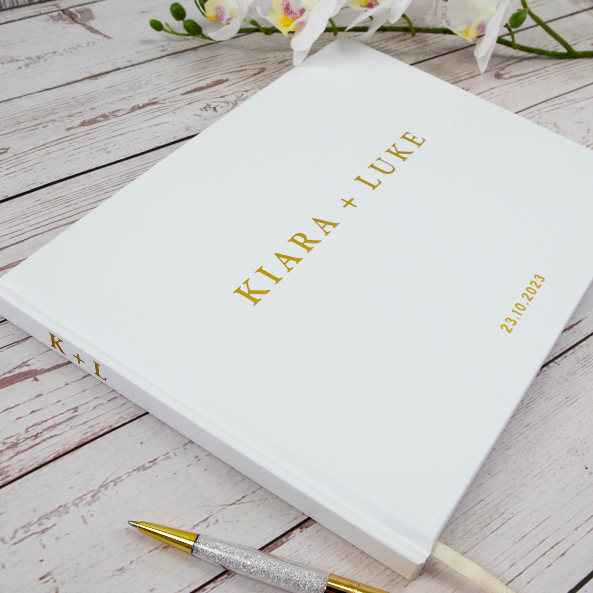 Personalised Wedding Guest Book, Gold Texts in White Hard Cover