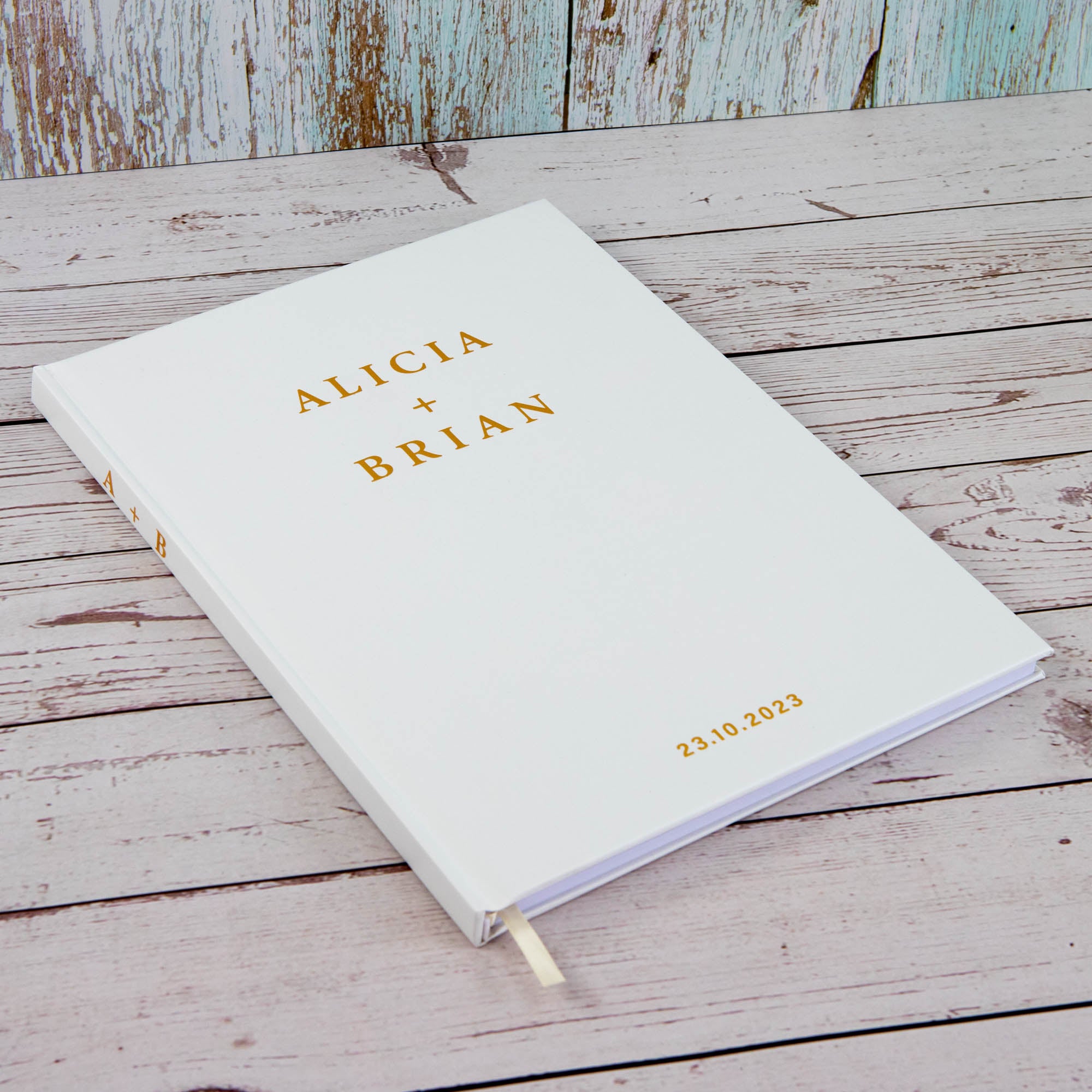 Personalised Wedding Guest Book, Gold Texts Portrait