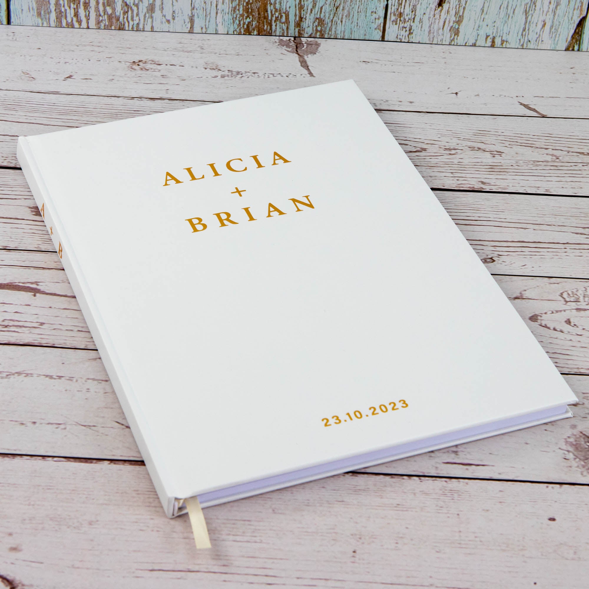 Personalised Wedding Guest Book, Gold Texts Portrait