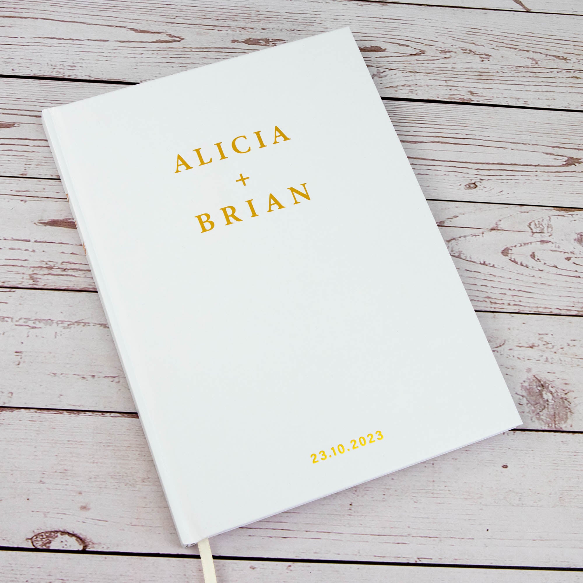 Personalised Wedding Guest Book, Gold Texts Portrait