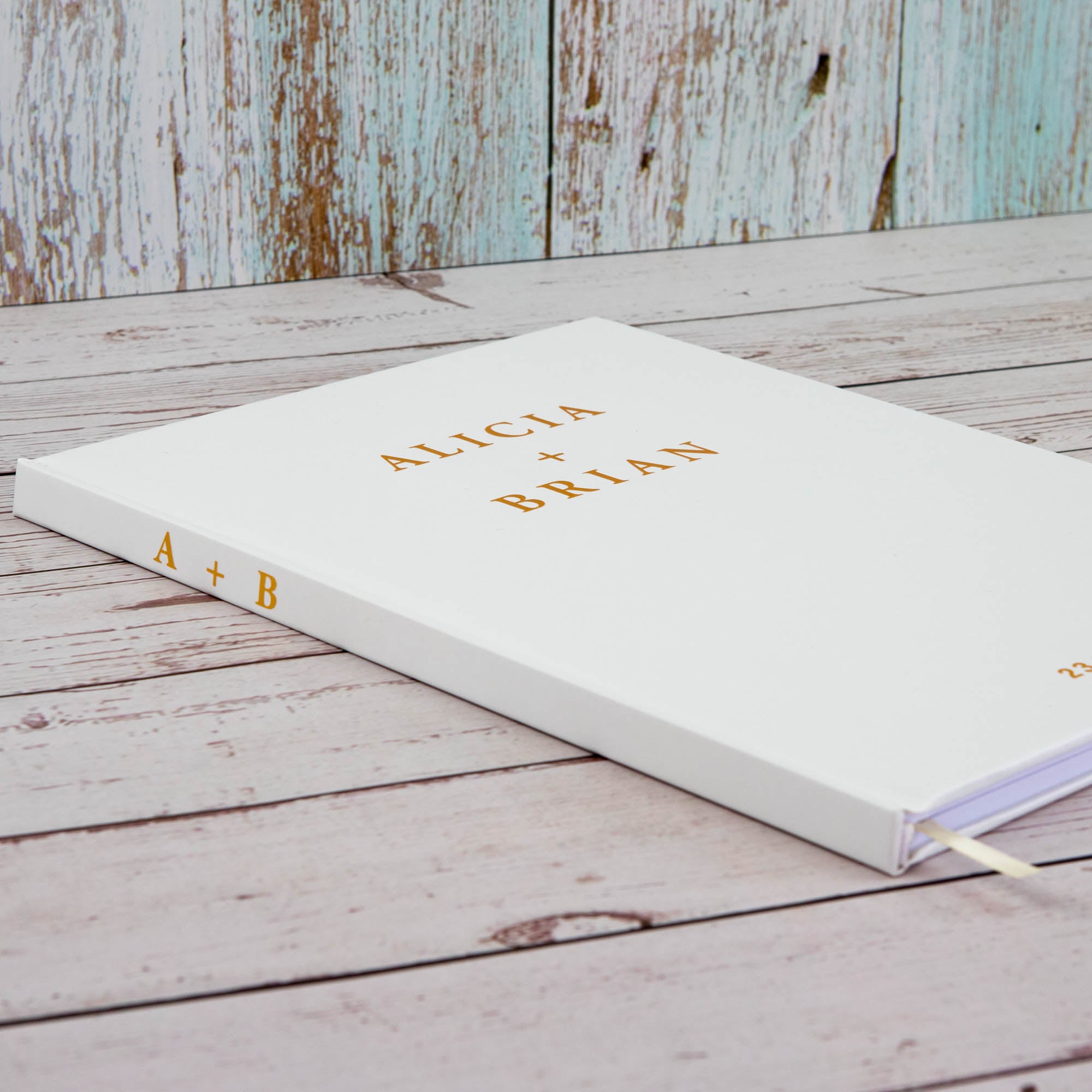 Personalised Wedding Guest Book, Gold Texts Portrait