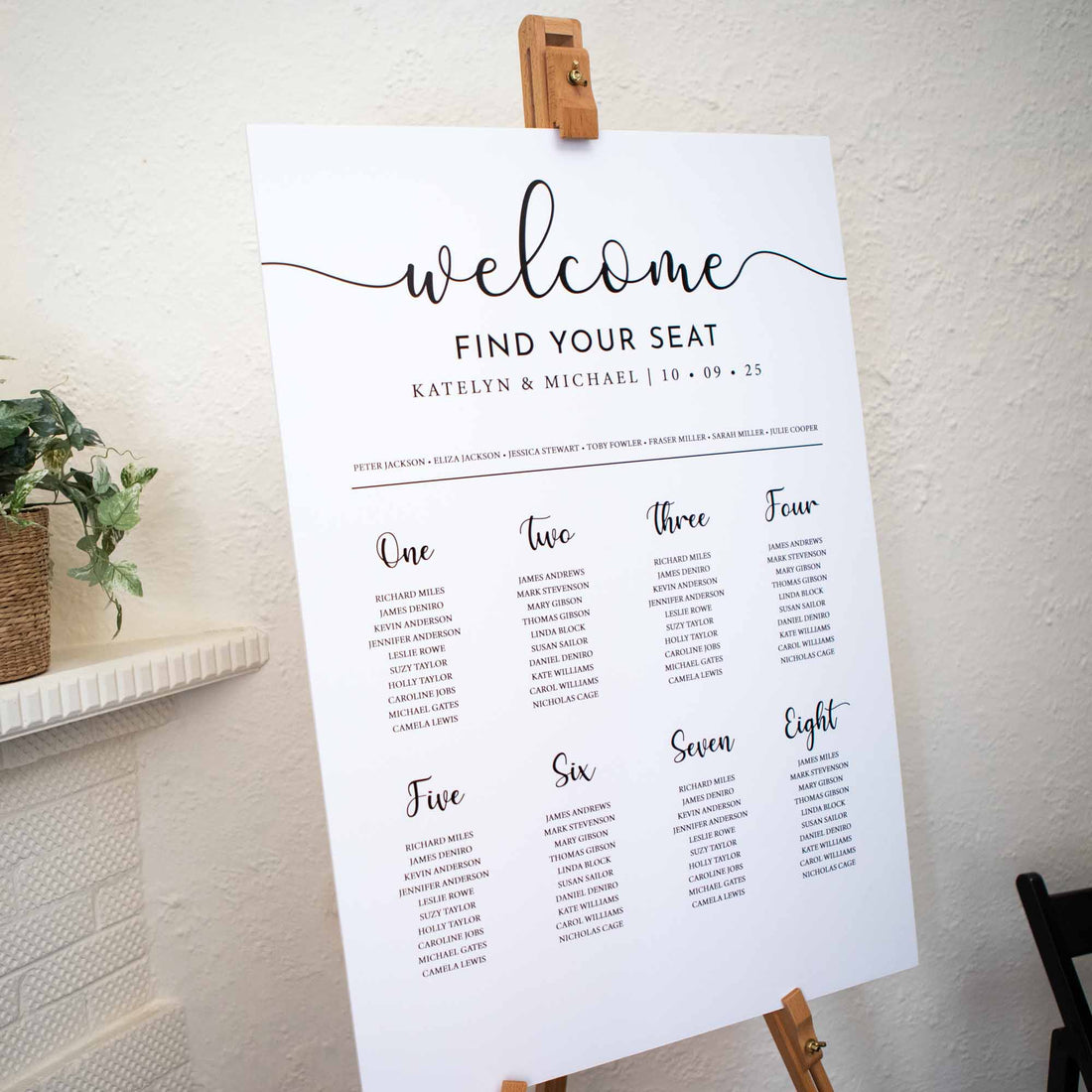 Personalised wedding seating chart in white foam board portrait