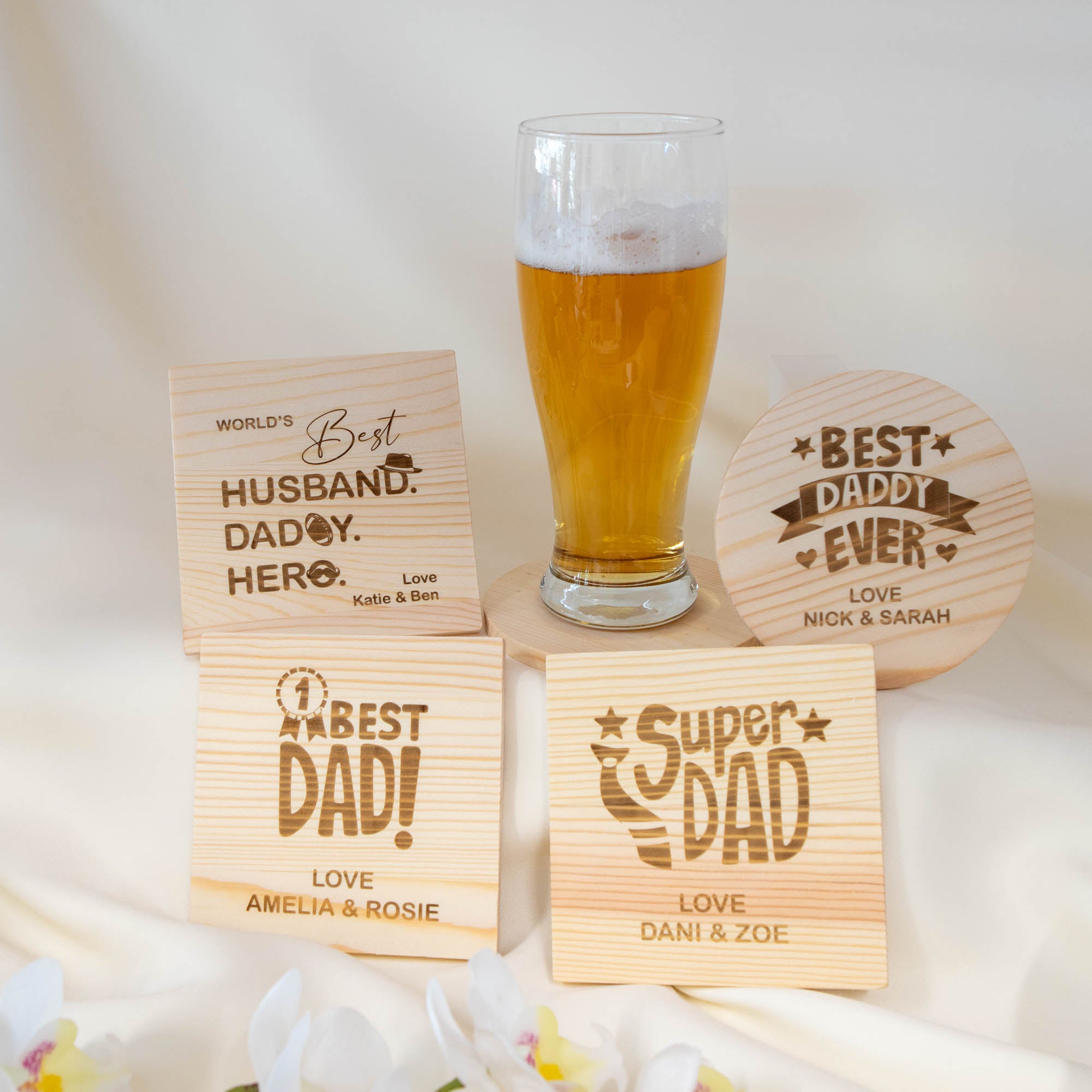 Personalised Natural Wood Coasters – Father’s Day Gift