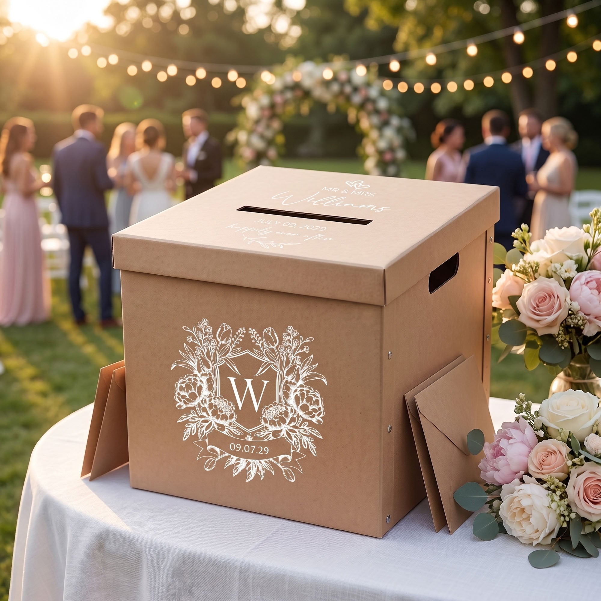 Personalised Wedding Wishing Well Card Box — Kraft, Large | Custom Names & Date