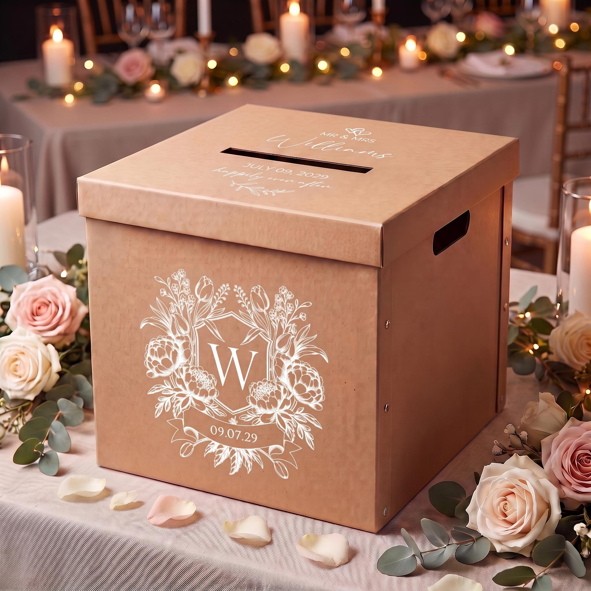 Personalised Wedding Wishing Well Card Box — Kraft, Large | Custom Names & Date