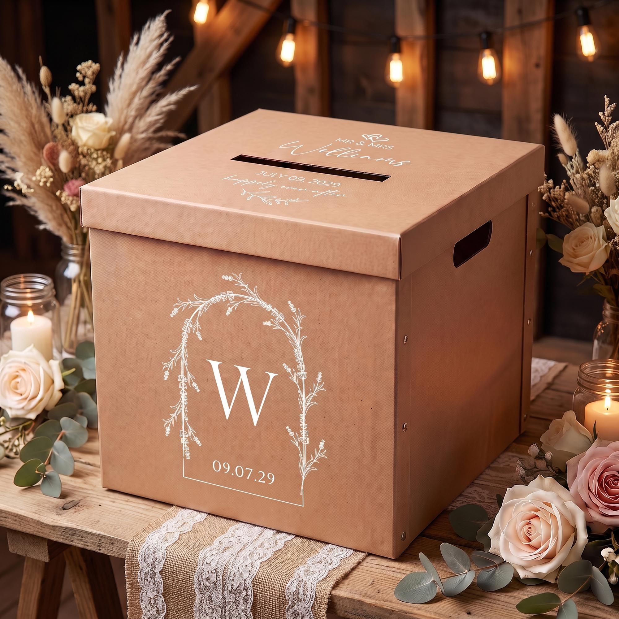 Personalised Wedding Wishing Well Card Box — Kraft, Large | Custom Names & Date