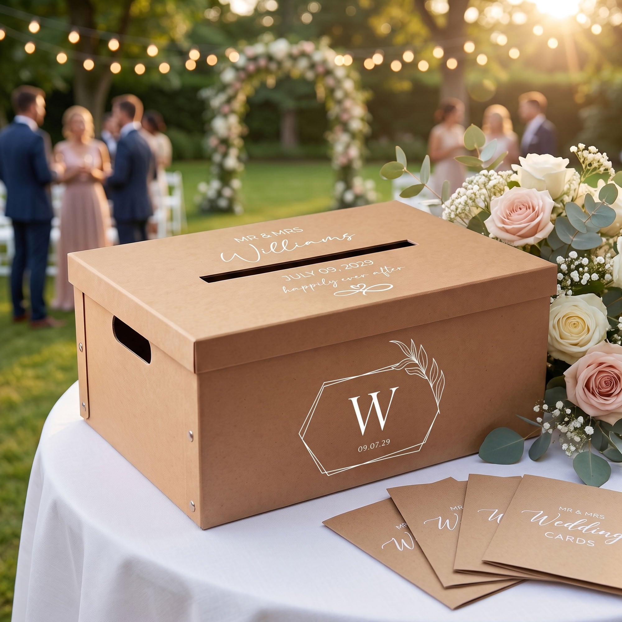 Personalised Wedding Wishing Well Card Box — Kraft, Small | Custom Names & Date