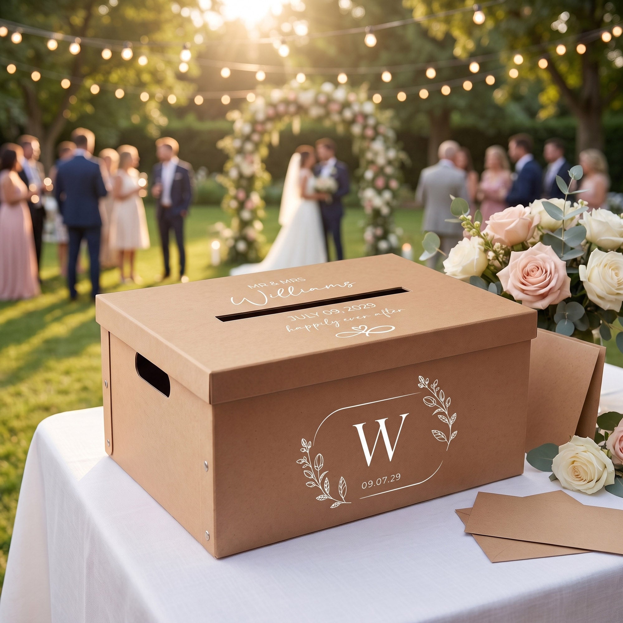 Personalised Wedding Wishing Well Card Box — Kraft, Small | Custom Names & Date