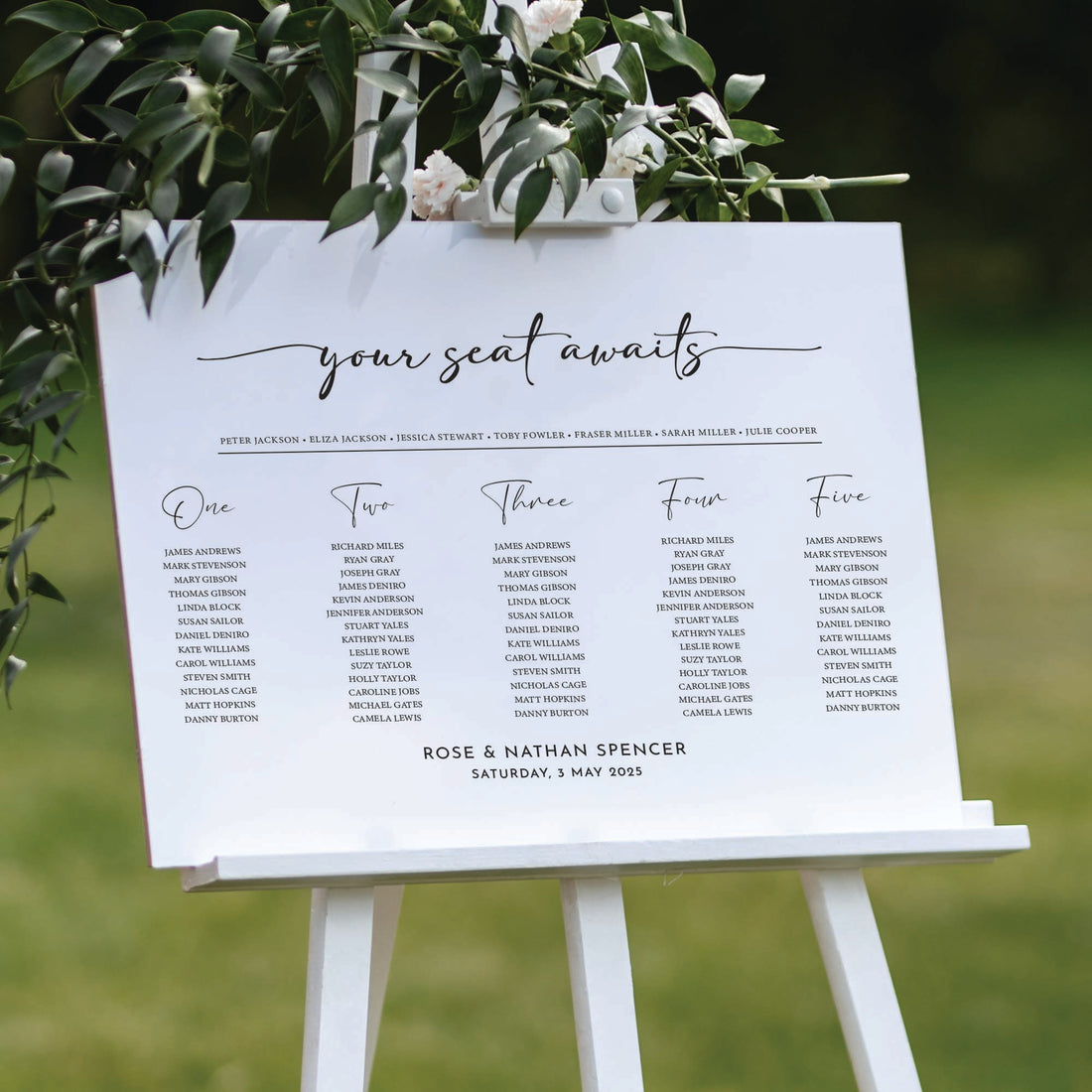 Personalised wedding seating chart in white foam board 