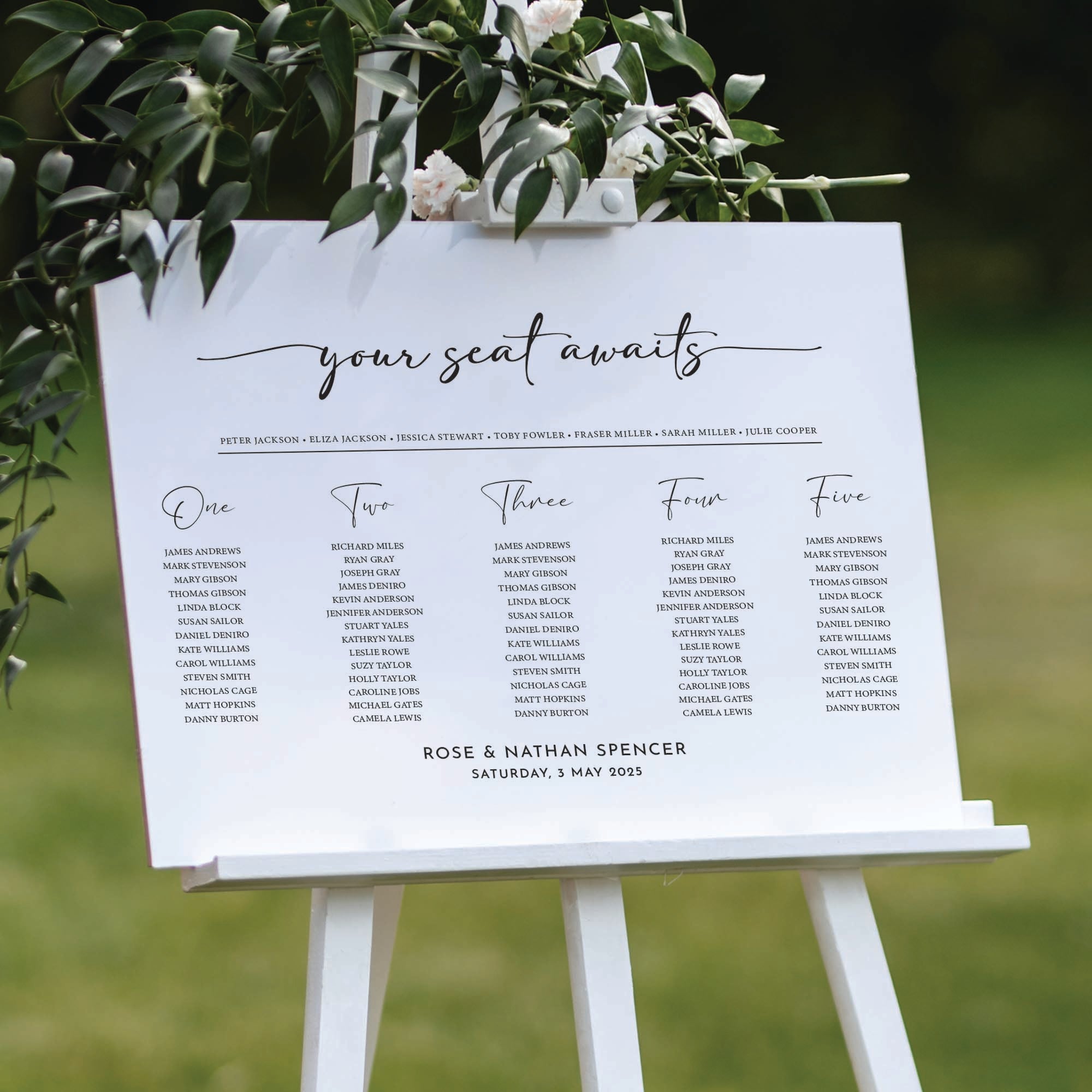 Personalised wedding seating chart in white foam board 