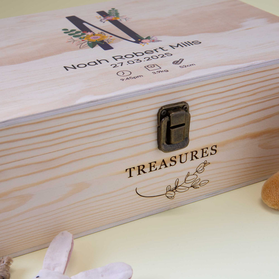 Personalized Wooden Baby Keepsake Box, Floral Initial
