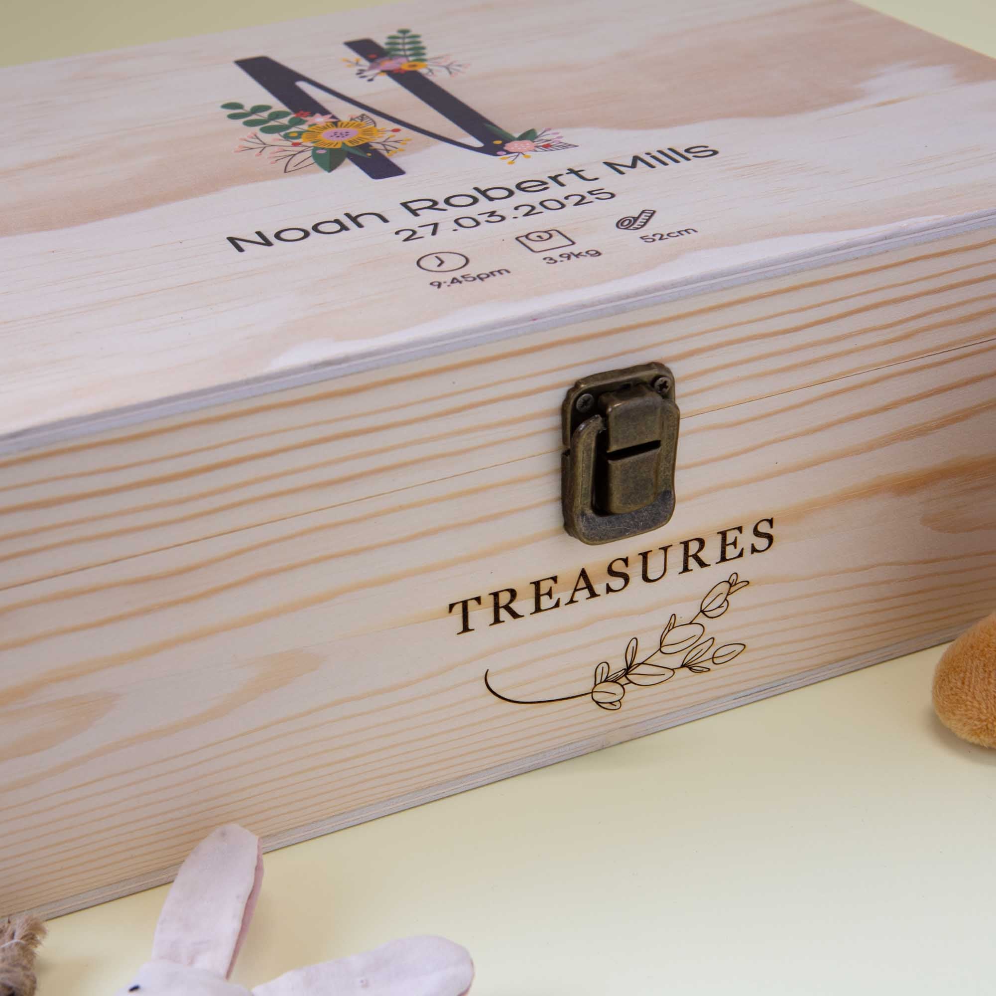 Personalized Wooden Baby Keepsake Box, Floral Initial