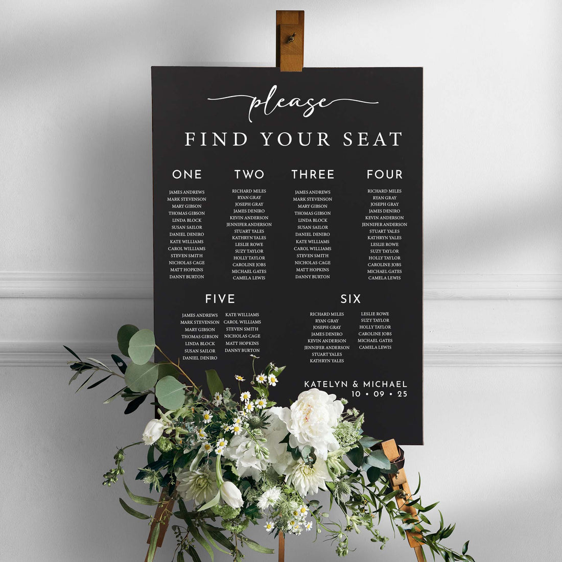 Personalised wedding seating chart in black foam board portrait