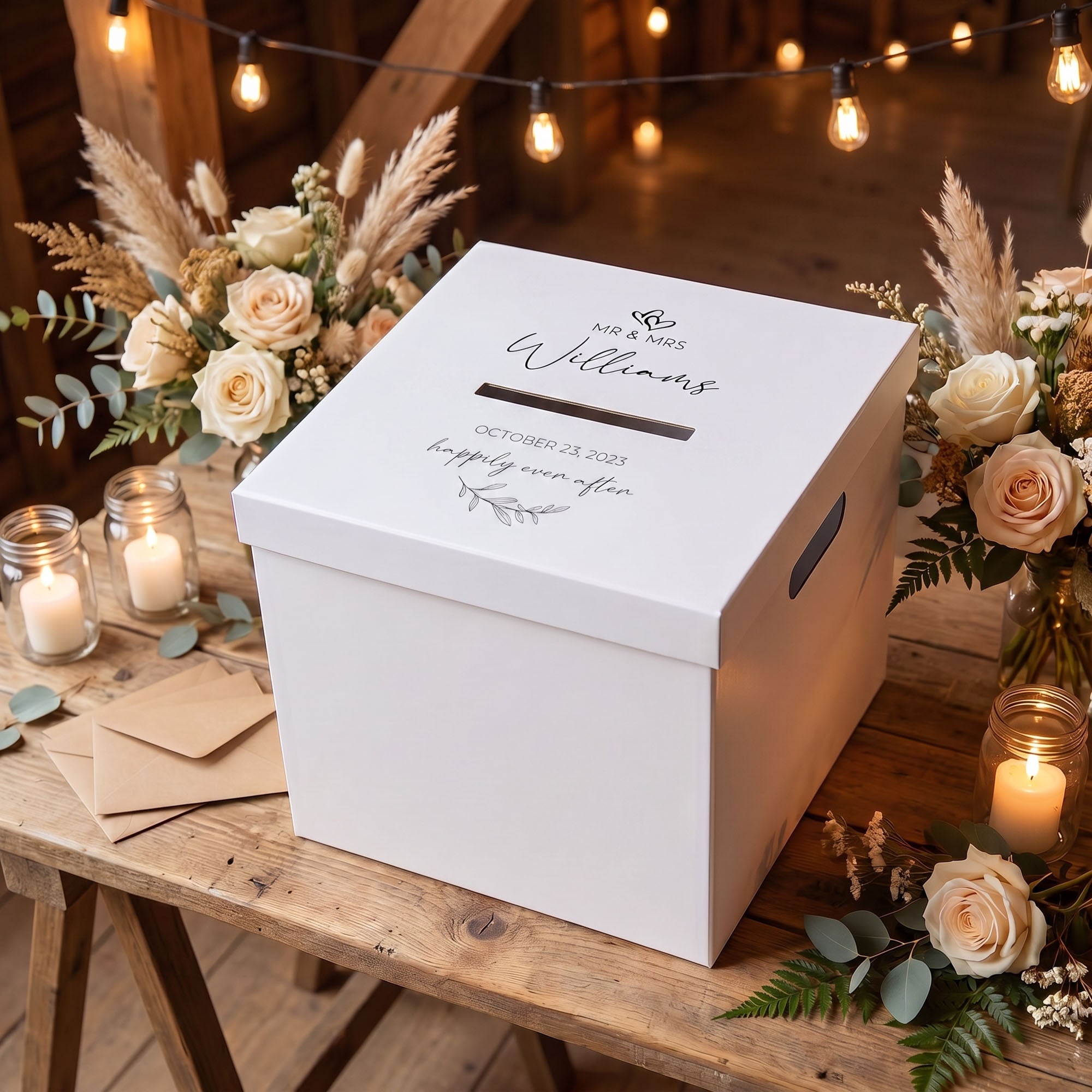 Personalised Wedding Card Box, White and Black Hardcover with Slot, Envelope Holder with Custom Name Date Monogram