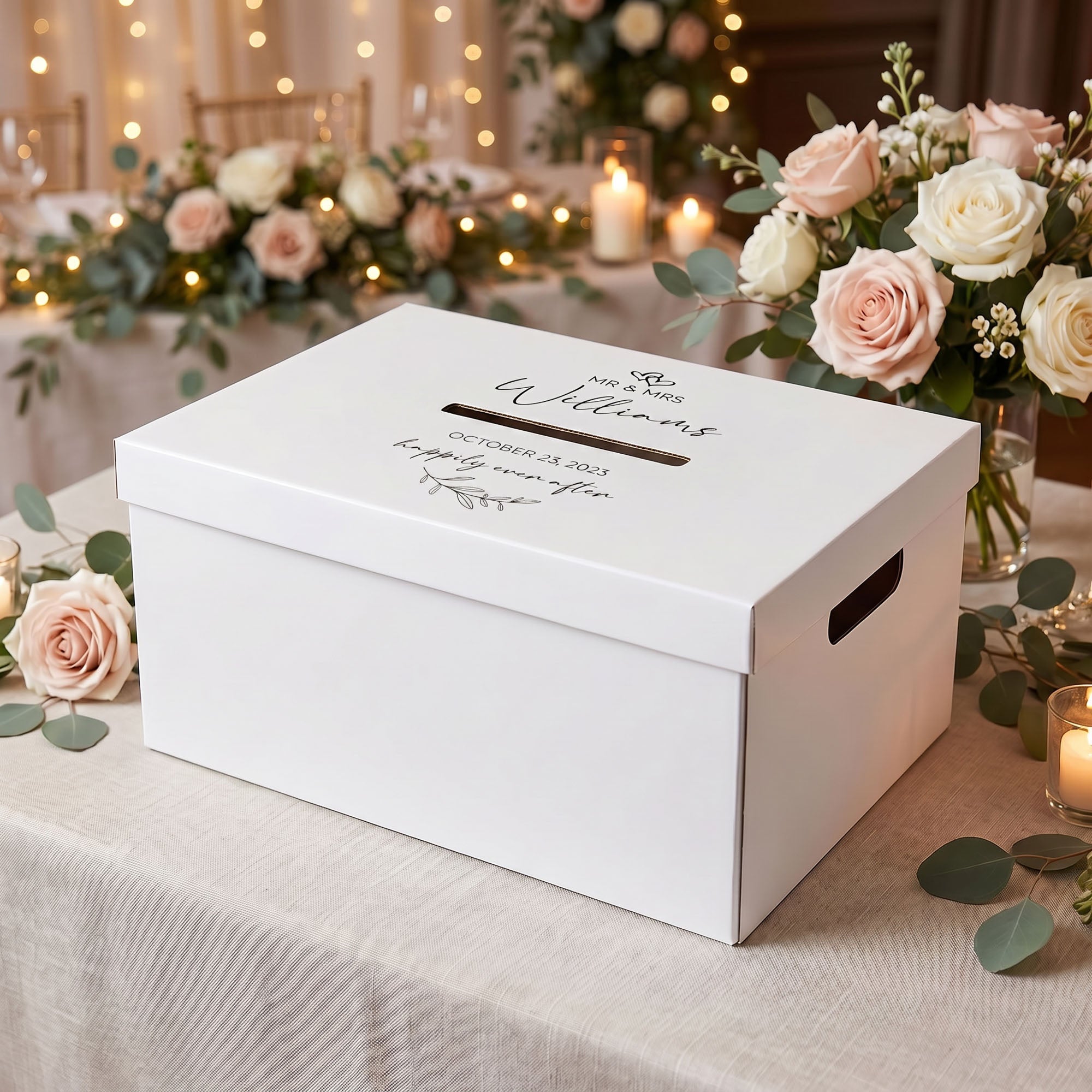 Personalised Wedding Card Box, White and Black Hardcover with Slot, Envelope Holder with Custom Name Date Monogram