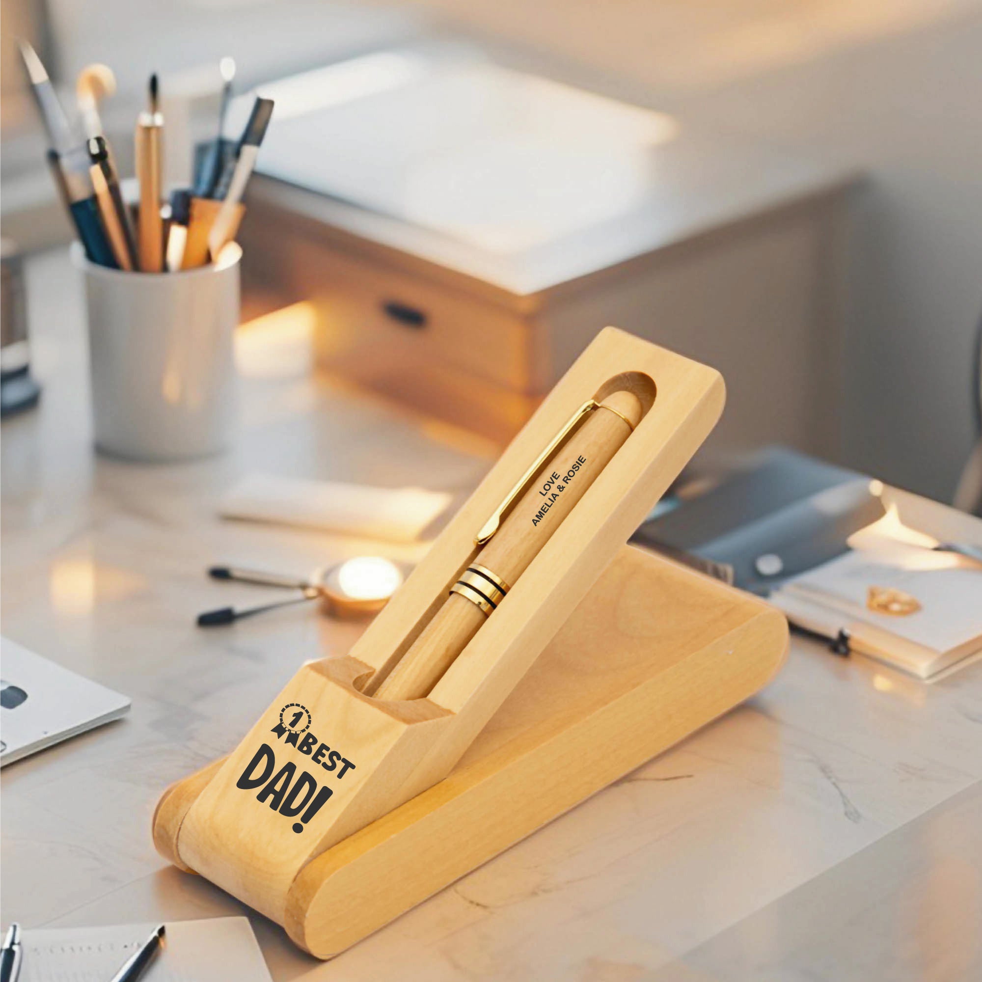 Personalized Maple Wood Pen with Stand – Engraved Father's Day Gift