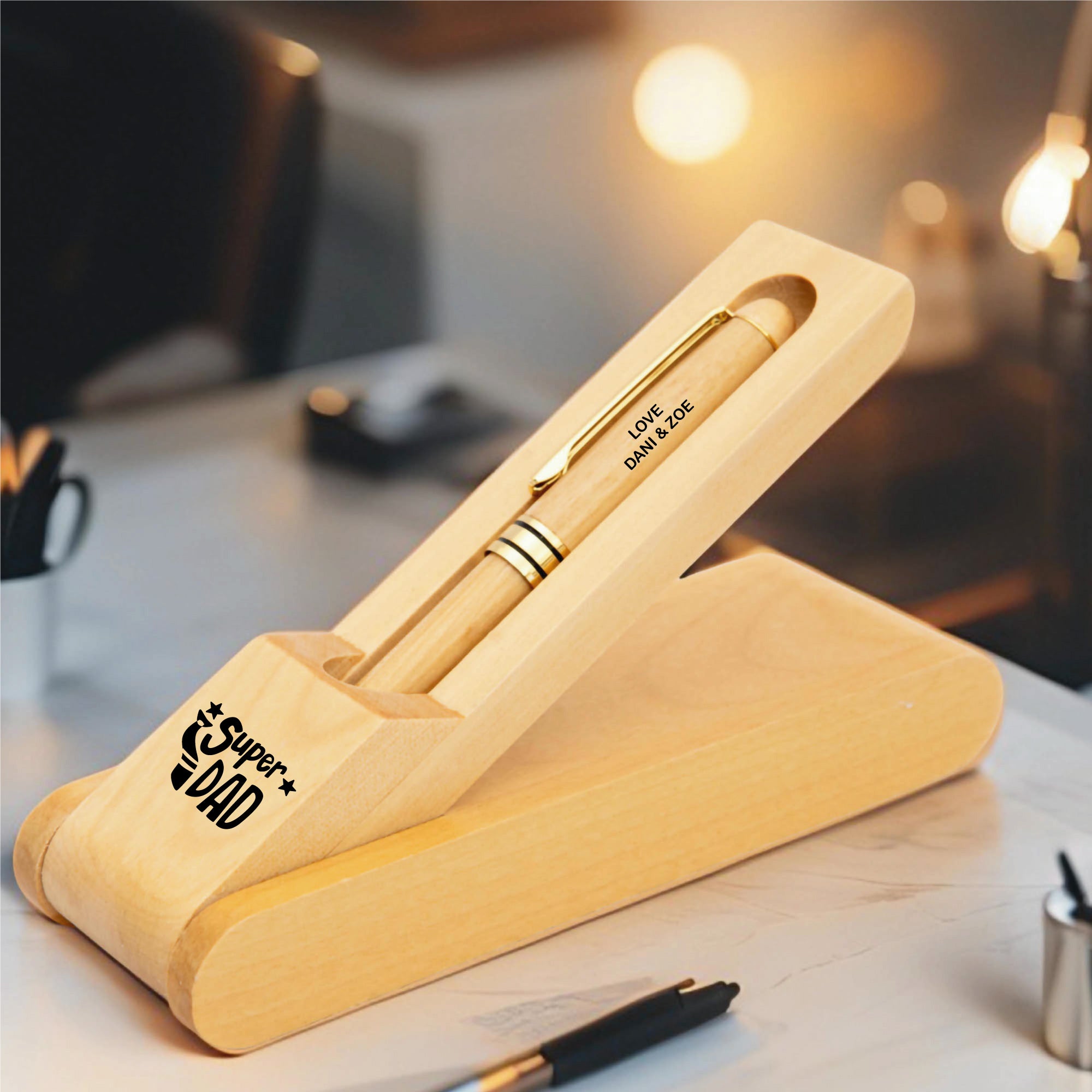 Personalized Maple Wood Pen with Stand – Engraved Father's Day Gift