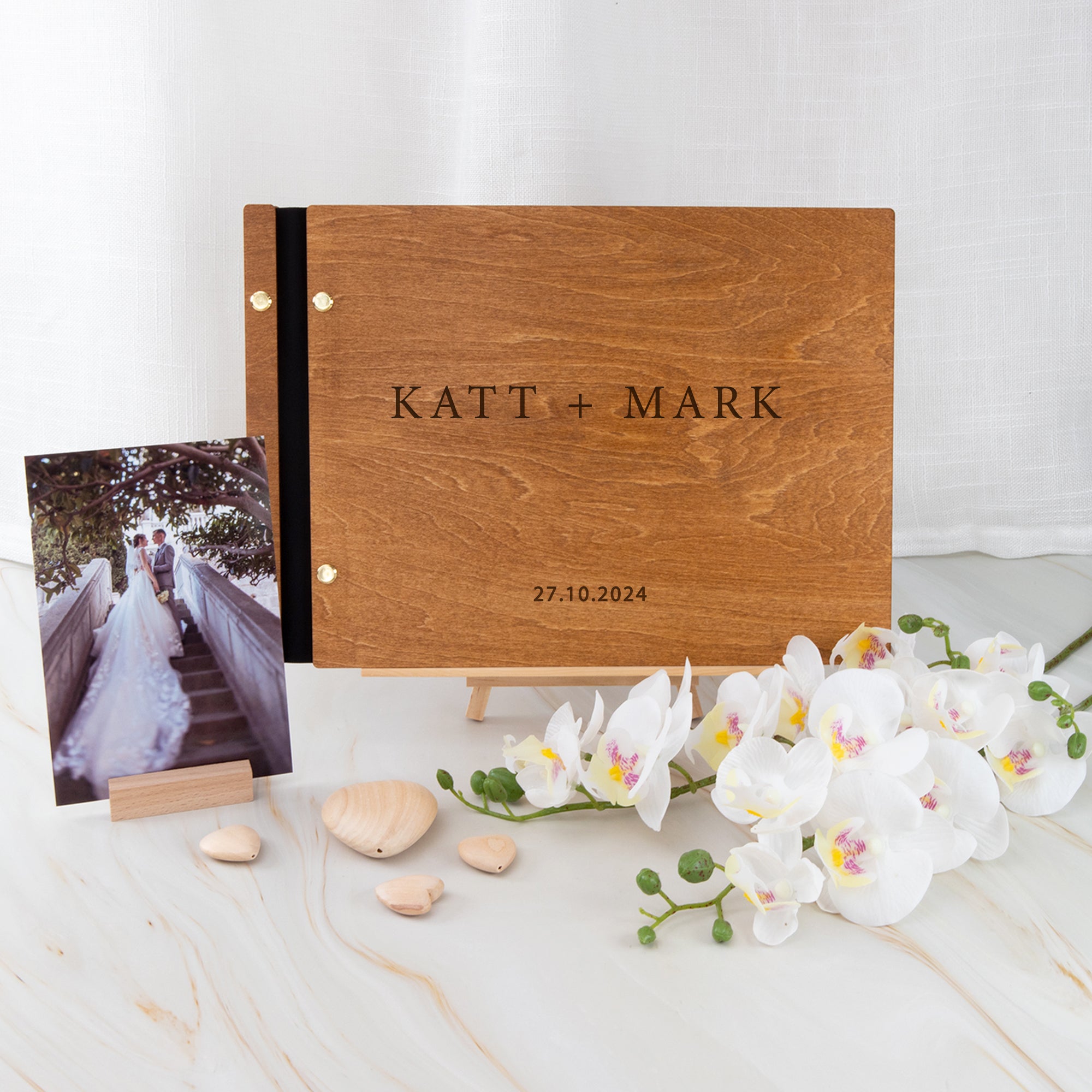 Personalised Wooden Wedding Guest Book with a photo and flower