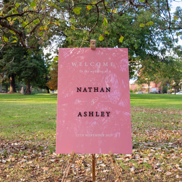 Blush Pink Acrylic Wedding Sign with 3D Black Names & White Details - Younique Gifts