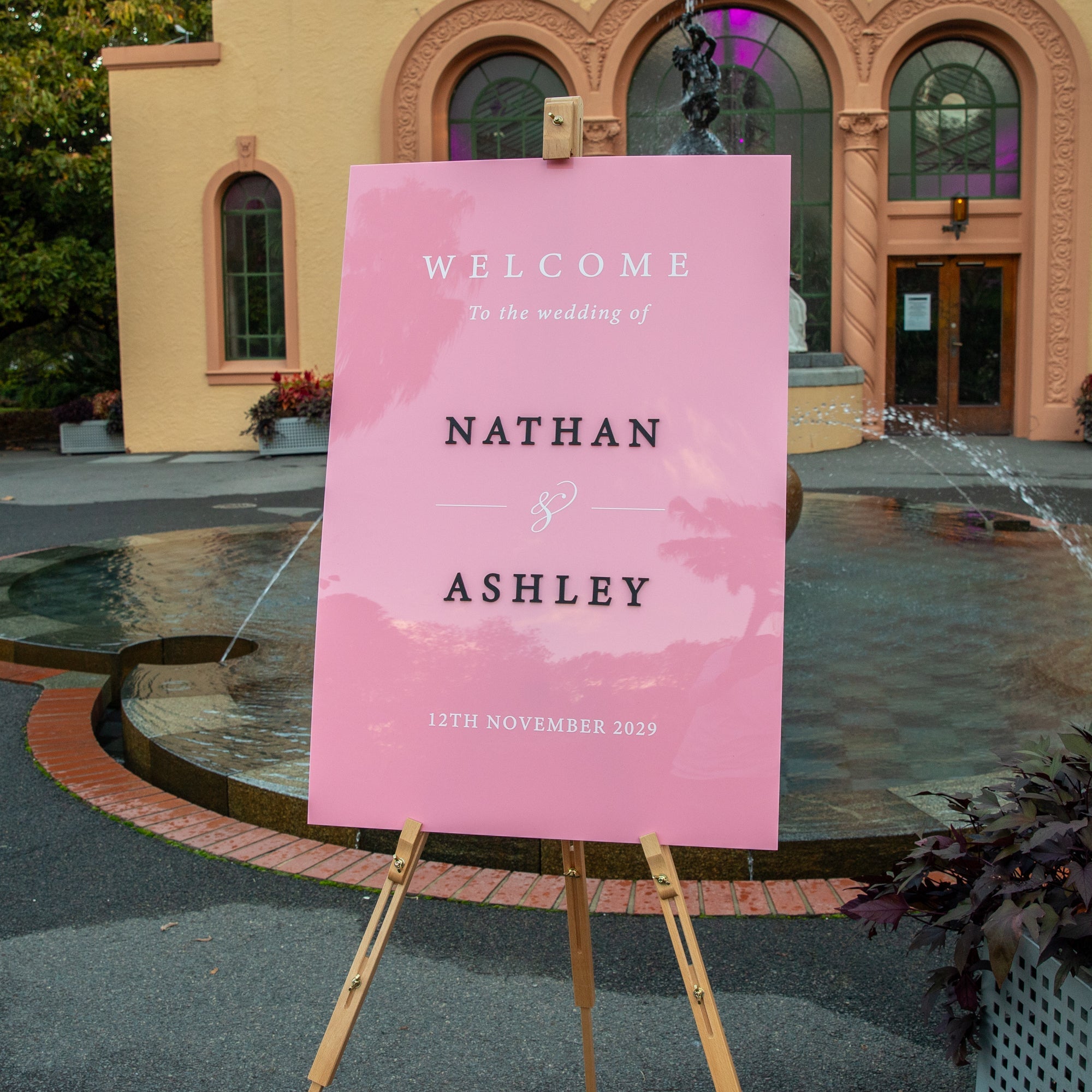 Blush Pink Acrylic Wedding Sign with 3D Black Names & White Details - Younique Gifts