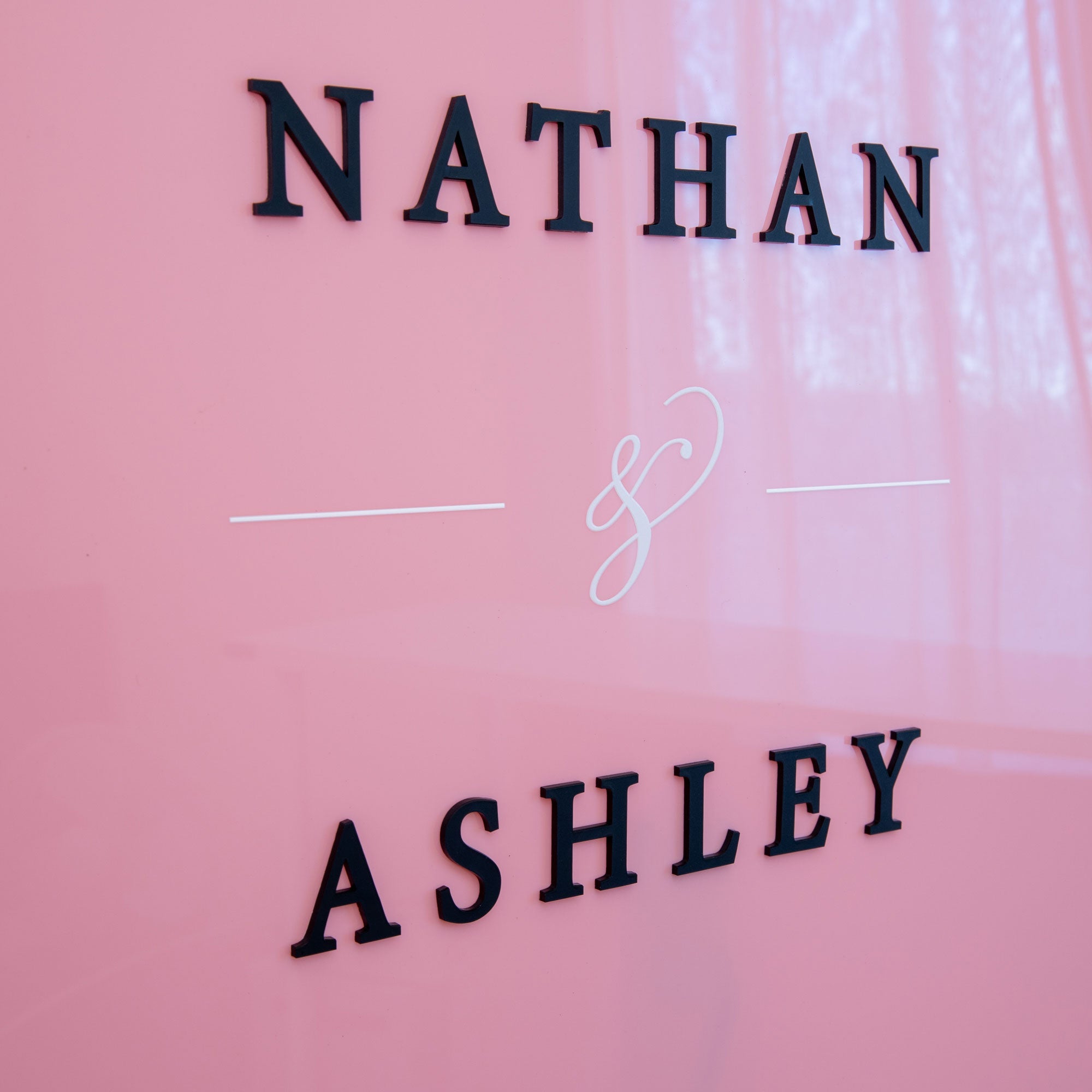 Blush Pink Acrylic Wedding Sign with 3D Black Names & White Details - Younique Gifts