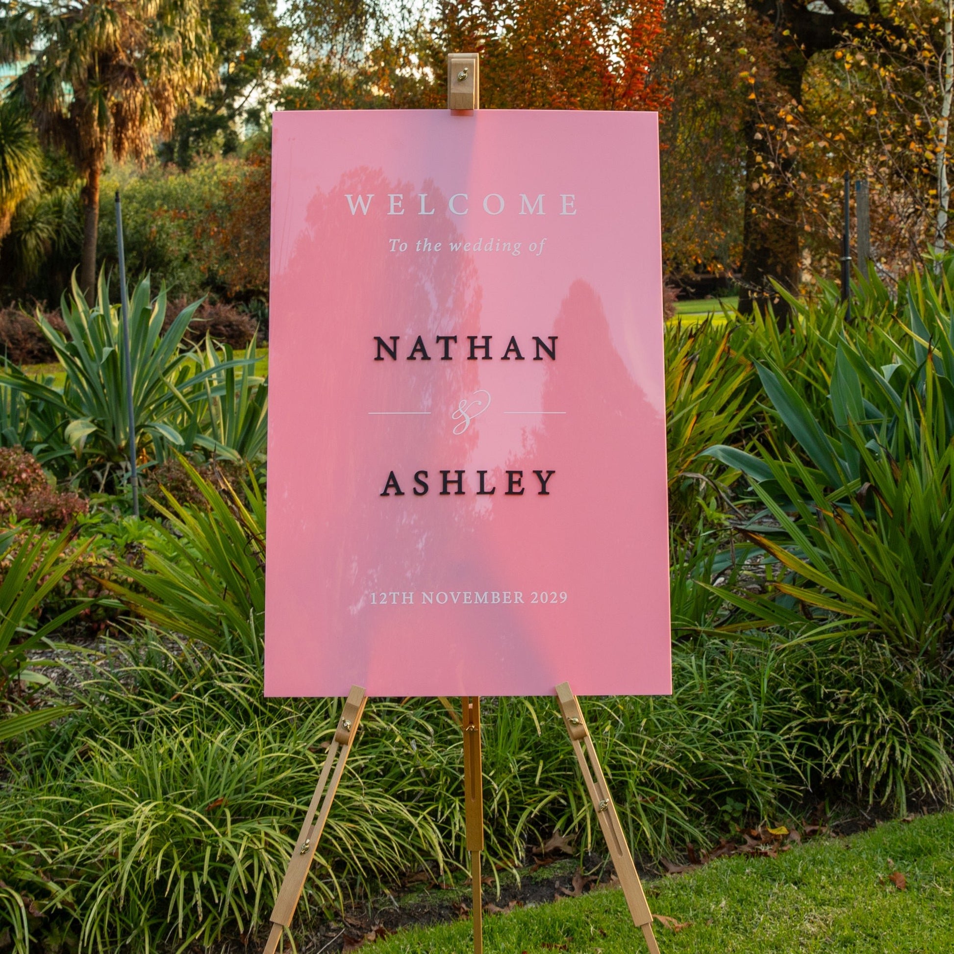 Blush Pink Acrylic Wedding Sign with 3D Black Names & White Details - Younique Gifts