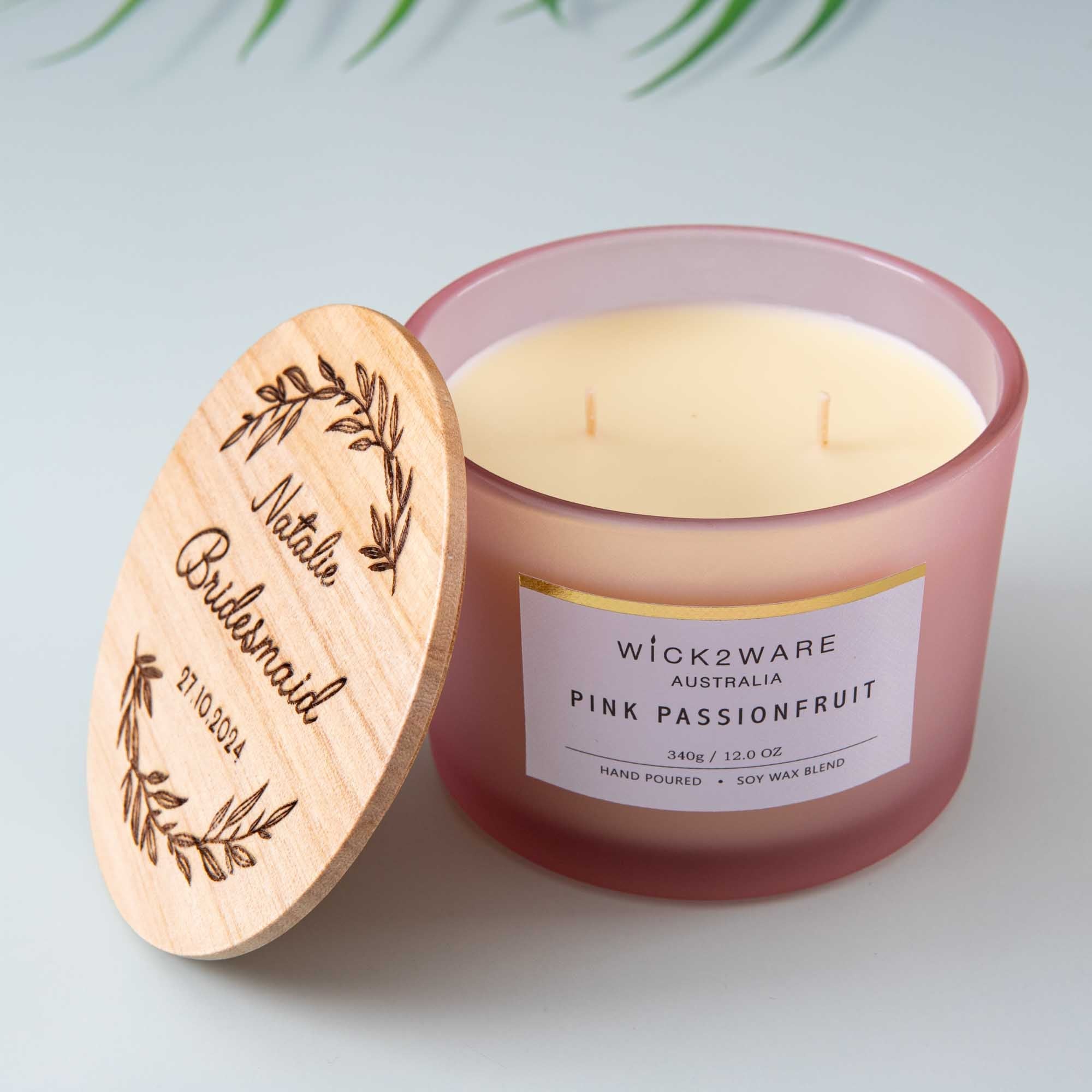 Bridesmaid Gift Box Ideas, Personalised soy candle with wooden lid Custom - Personalised wedding gift - Younique Gifts Melbourne