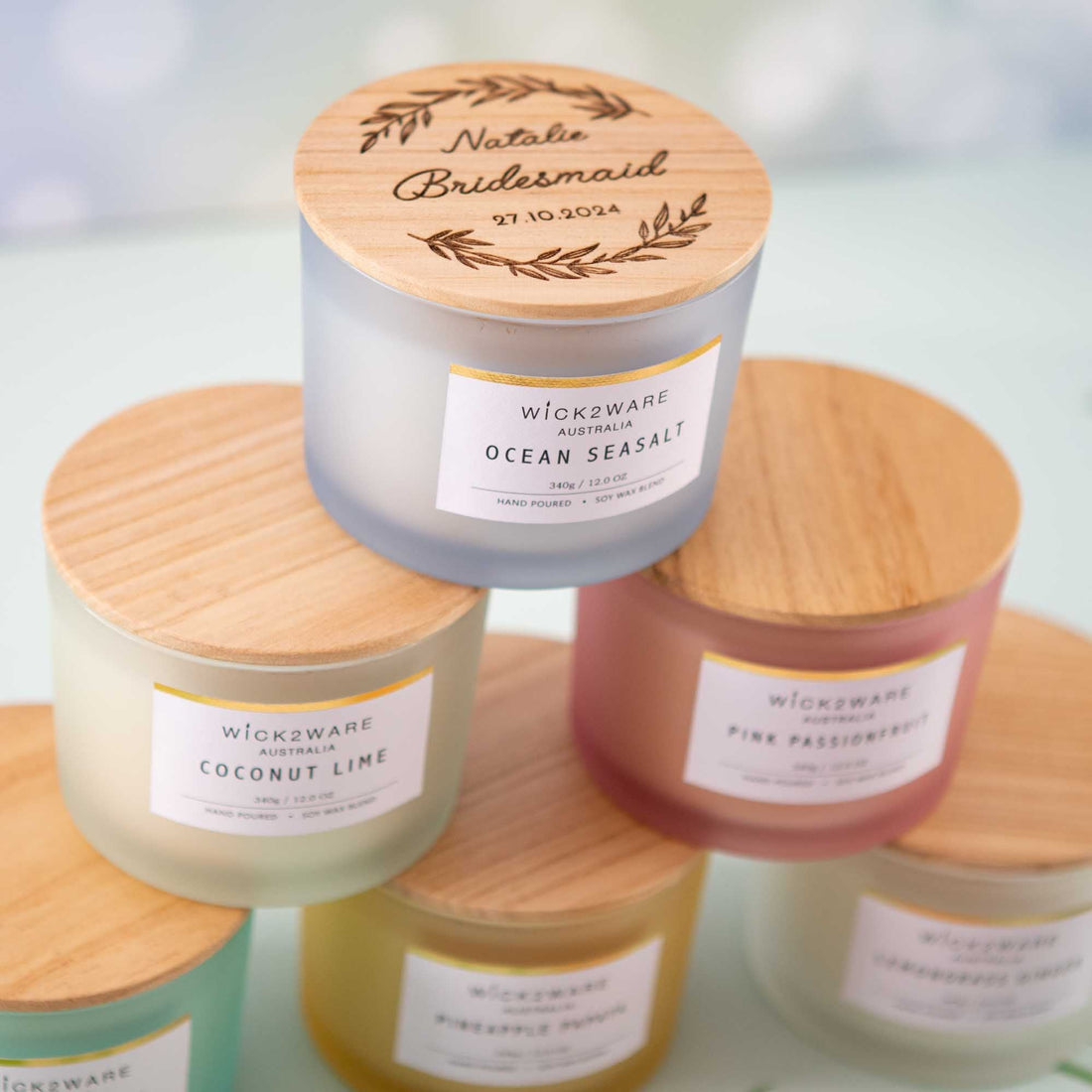 Bridesmaid Gift Box Ideas, Personalised soy candle with wooden lid Custom - Personalised wedding gift - Younique Gifts Melbourne