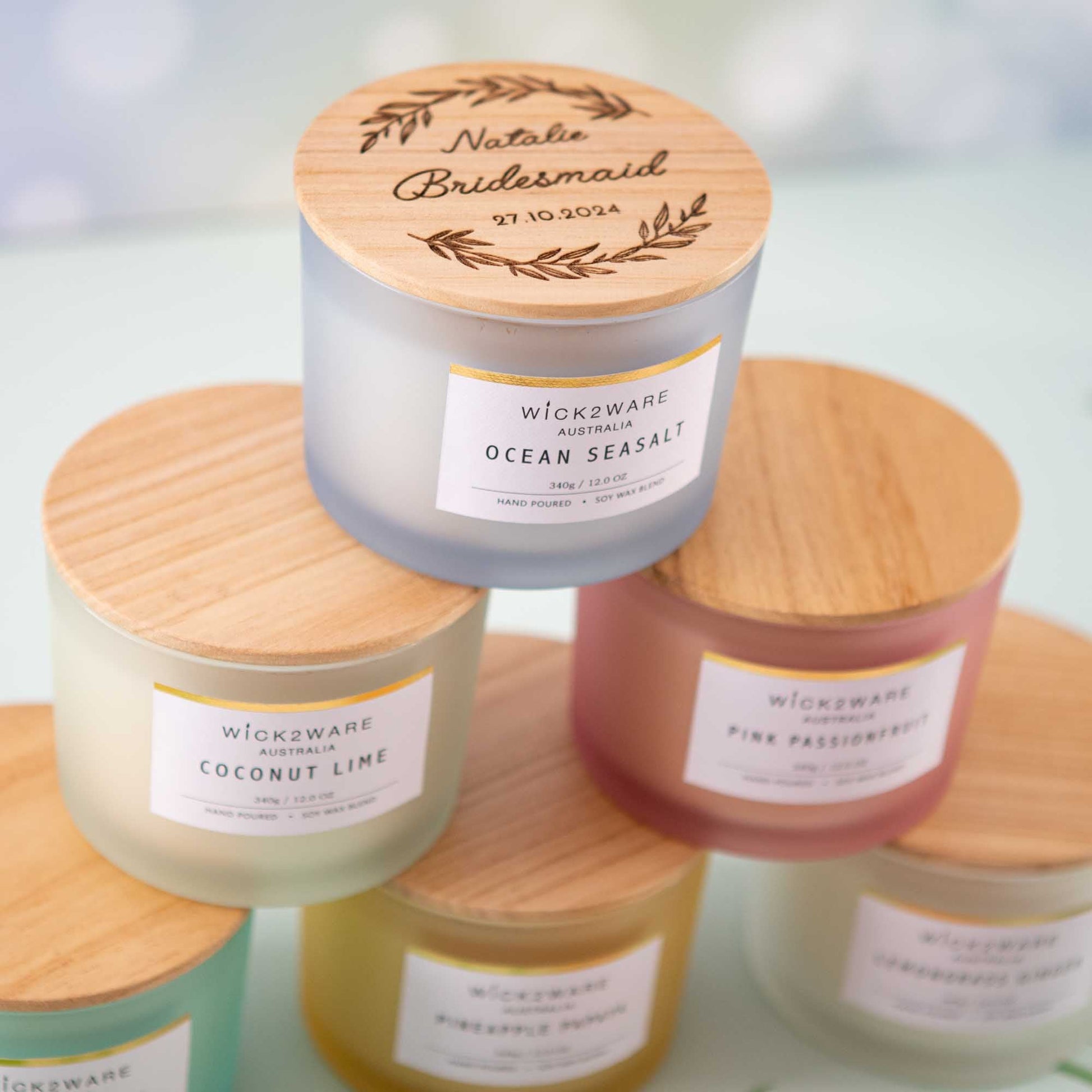 Bridesmaid Gift Box Ideas, Personalised soy candle with wooden lid Custom - Personalised wedding gift - Younique Gifts Melbourne