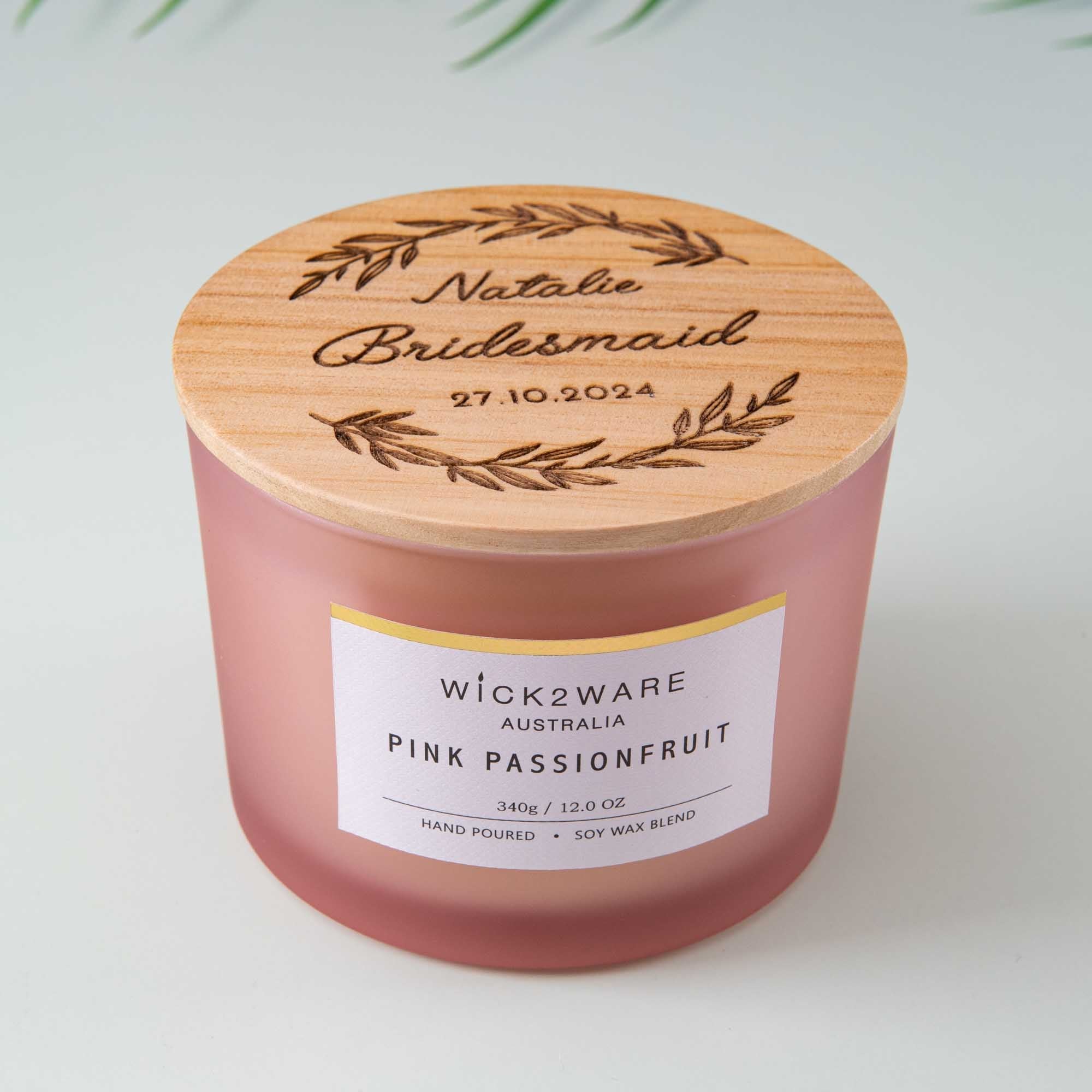 Bridesmaid Gift Box Ideas, Personalised soy candle with wooden lid Custom - Personalised wedding gift - Younique Gifts Melbourne
