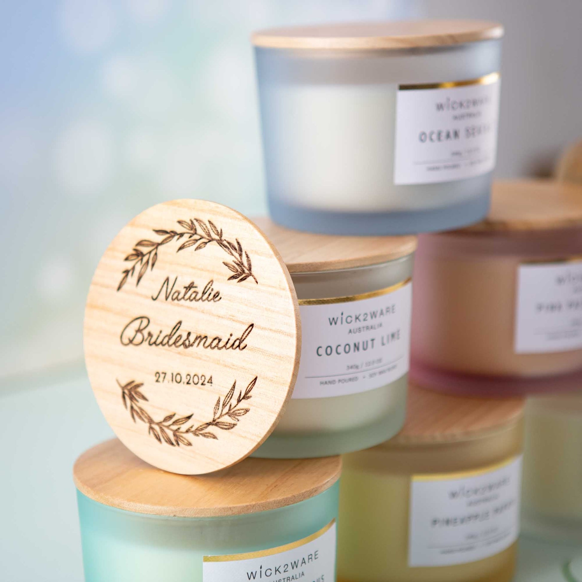 Bridesmaid Gift Box Ideas, Personalised soy candle with wooden lid Custom - Personalised wedding gift - Younique Gifts Melbourne
